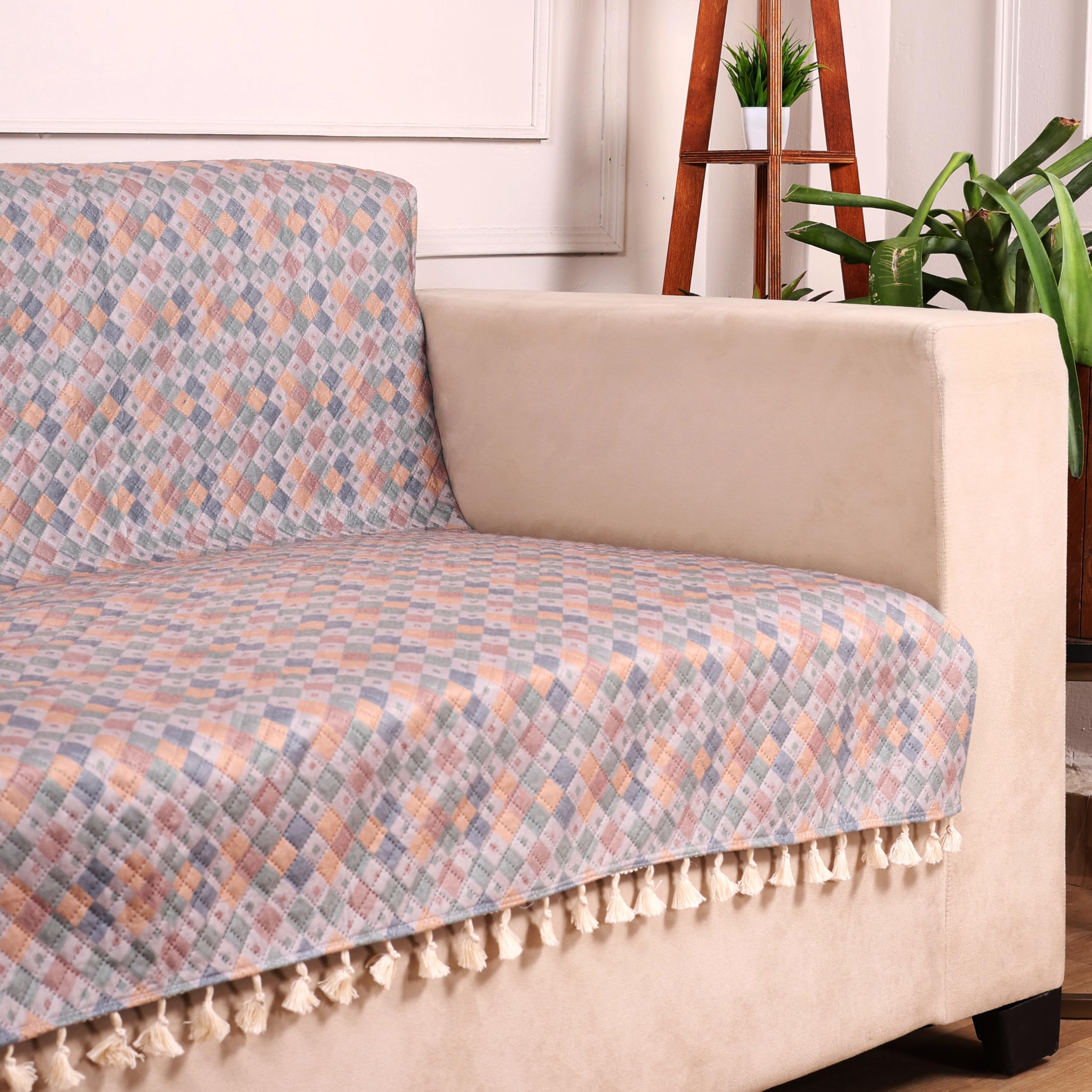 STITCHNEST Quilted Velvet Sofa Cover with Tassels – 24x60 Inch, Multicolor Pastel Geometric Design, Soft & Luxurious, Washable Sofa Protector for 1-Seater