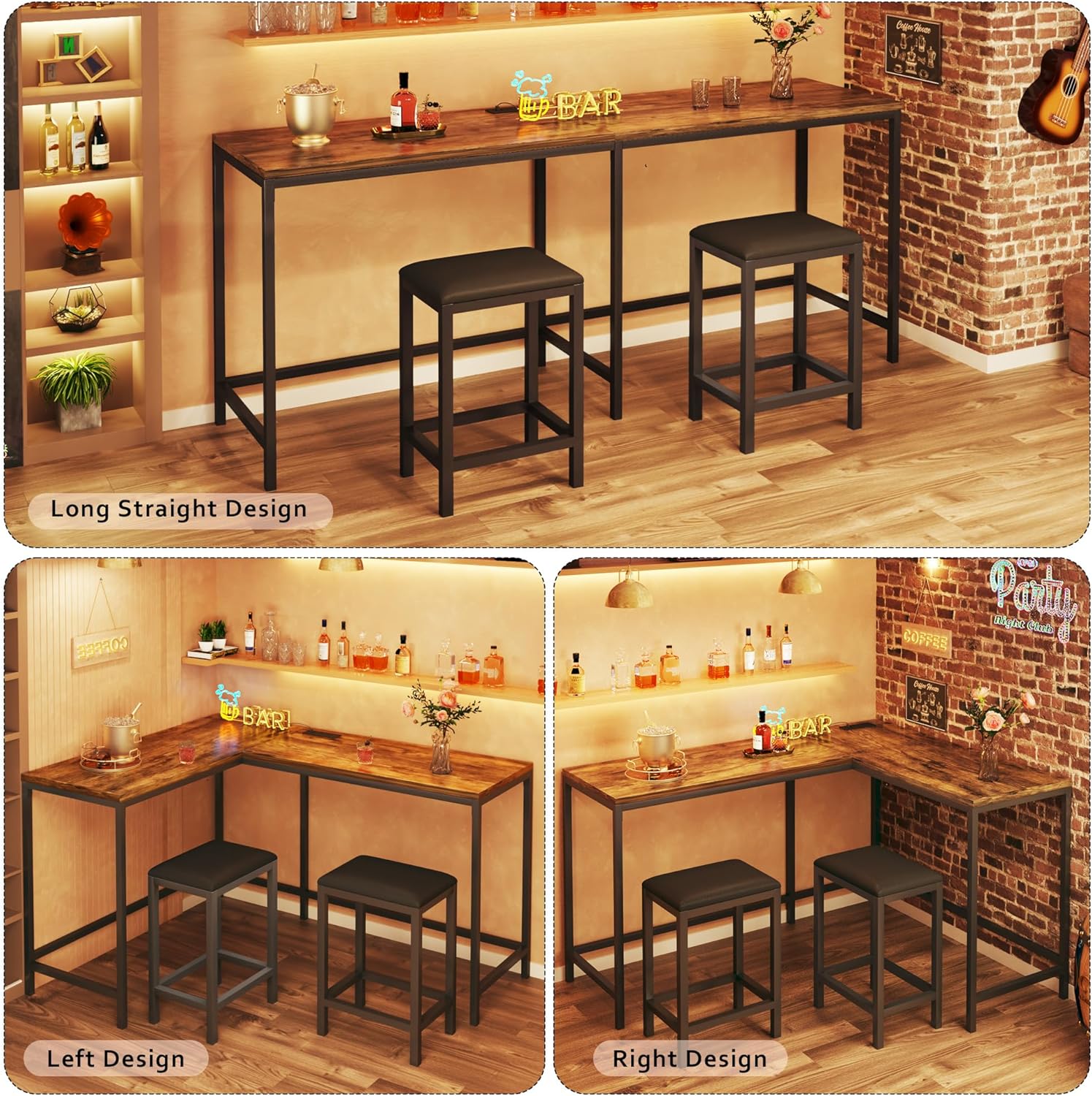 L Shaped Bar Table with Stools, 63‘’ Bar Height Table with Power Outlets, Convertible Corner Counter Height Bar Table with 2 Stools, Rectangular High Top Table for Small Spaces, Breakfast Nook, Rustic