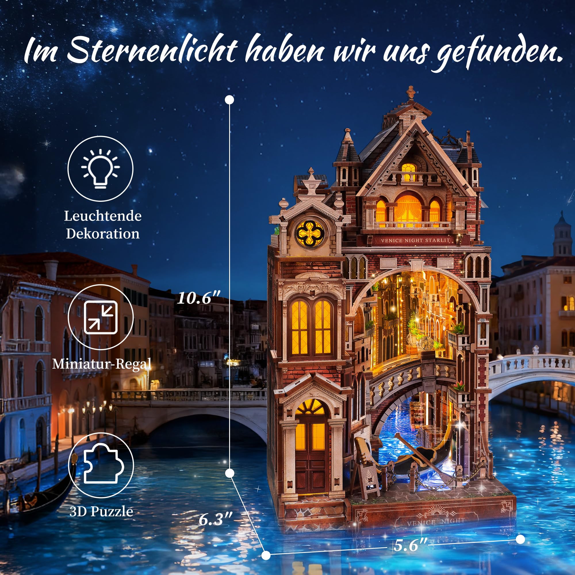 FUNPOLA Venice Night Starlit Book Nook Kit – LED 3D Holzpuzzle mit Infinity-Spiegel – DIY Bücherregal-Dekoration, Miniatur-Bastelgeschenk für Kinder und Erwachsene (Venedigs Sternennacht)