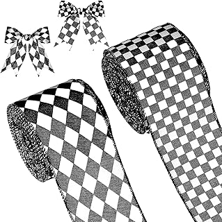 2 Rolls/ 20 Yards Black and White Checkered Ribbons Buffalo Plaid Wired Edge Ribbon Diamond Check Gingham Wrapping Ribbon for Christmas Tree DIY Hair Bow Wreath Decors Crafts, 2 Styles (2.5 Inch Wide)