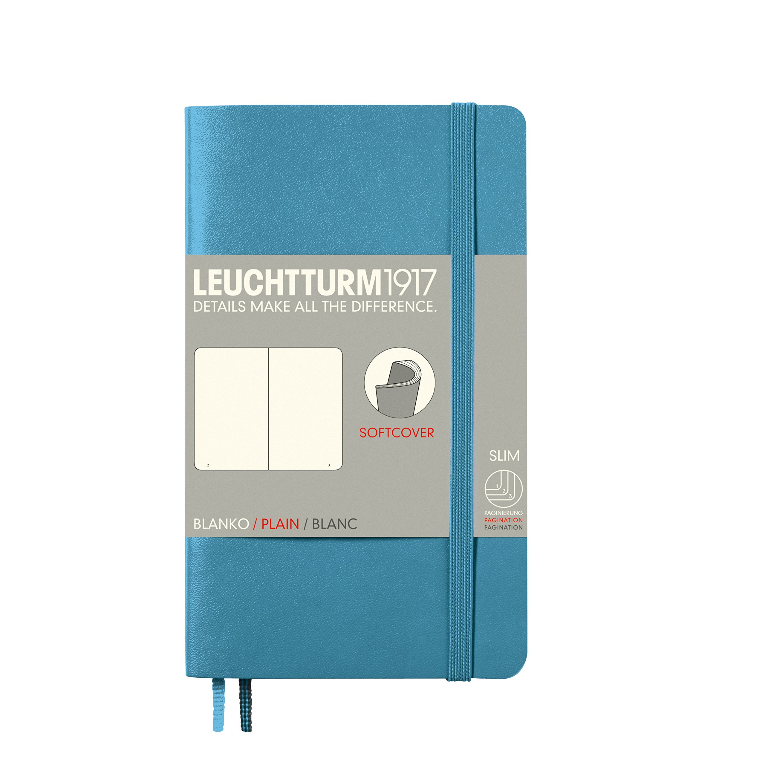 LEUCHTTURM1917Notebook Softcover Pocket A6-123 Numbered Pages for Writing and Journaling (Plain, Nordic Blue)