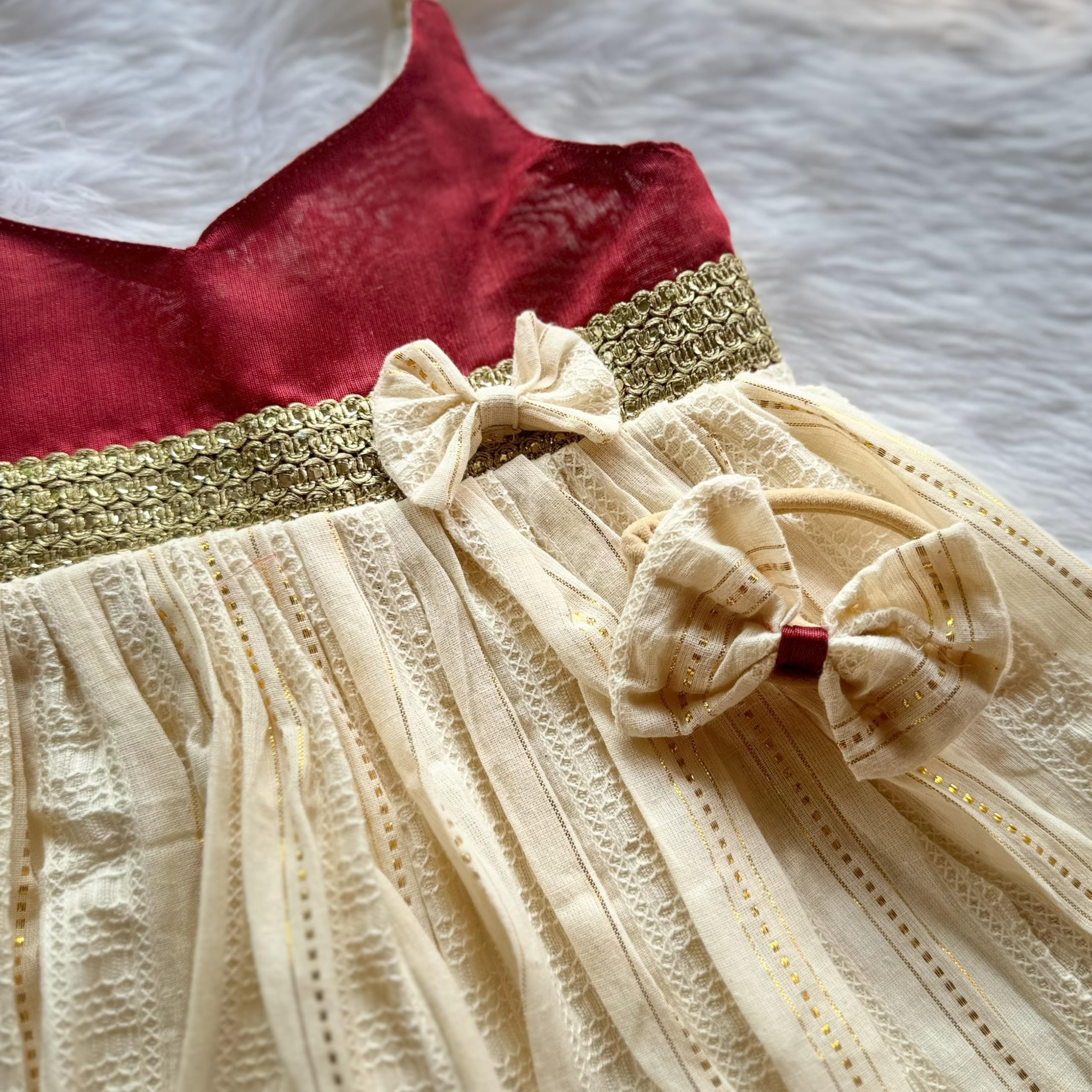 Picksparrow Baby Girl Cotton Lurex Dress-headband-Booties/Irupathettu Set (Maroon, 3-6 Months) - Image 4 thumbnail
