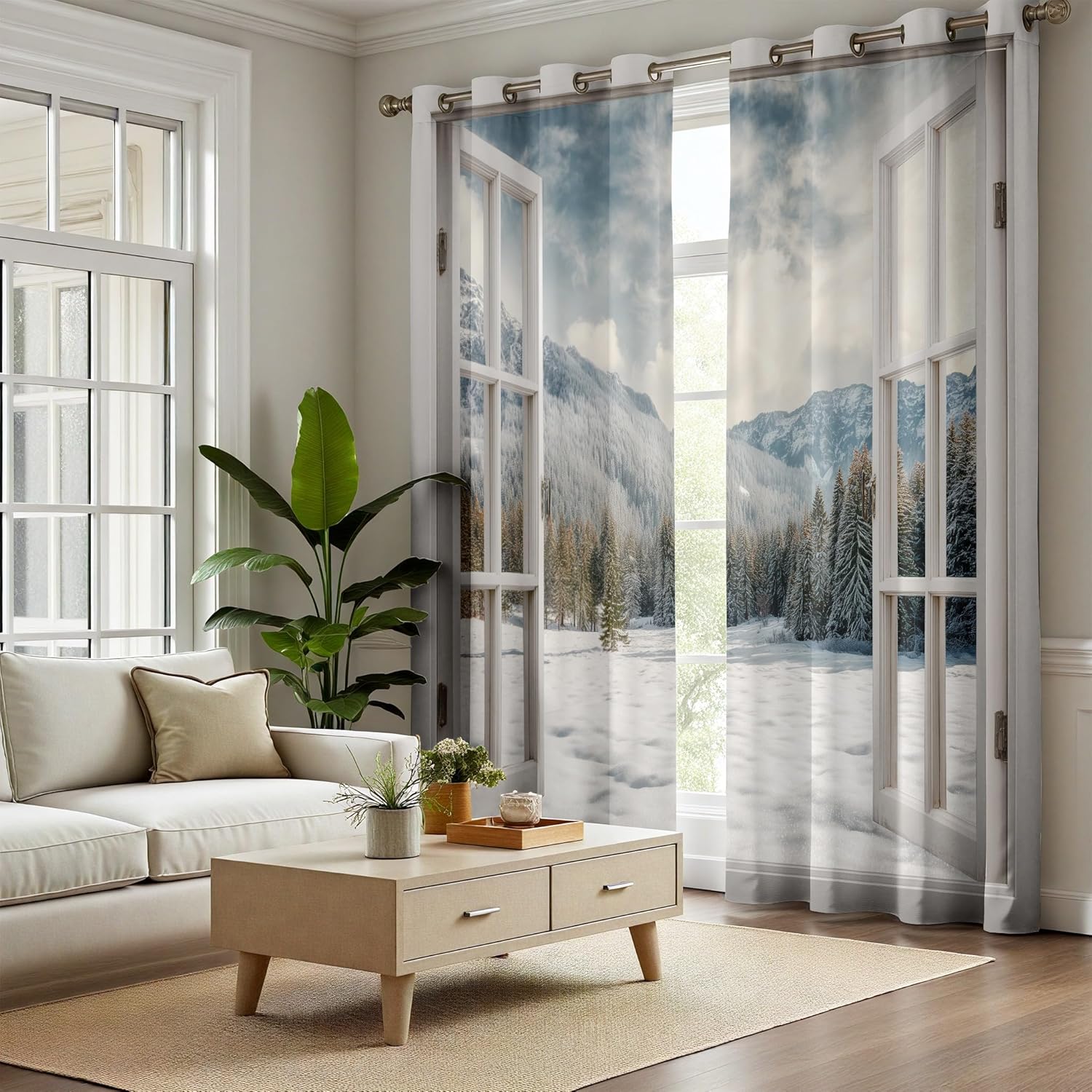 Fake Window Grommet Curtains Thermal Insulated, Winter Nature Landscape Blackout Curtain 42x84 Inch 2 Panels Set, Forest Mountain Scenery Drapes for Bedroom Living Room Office Dorm