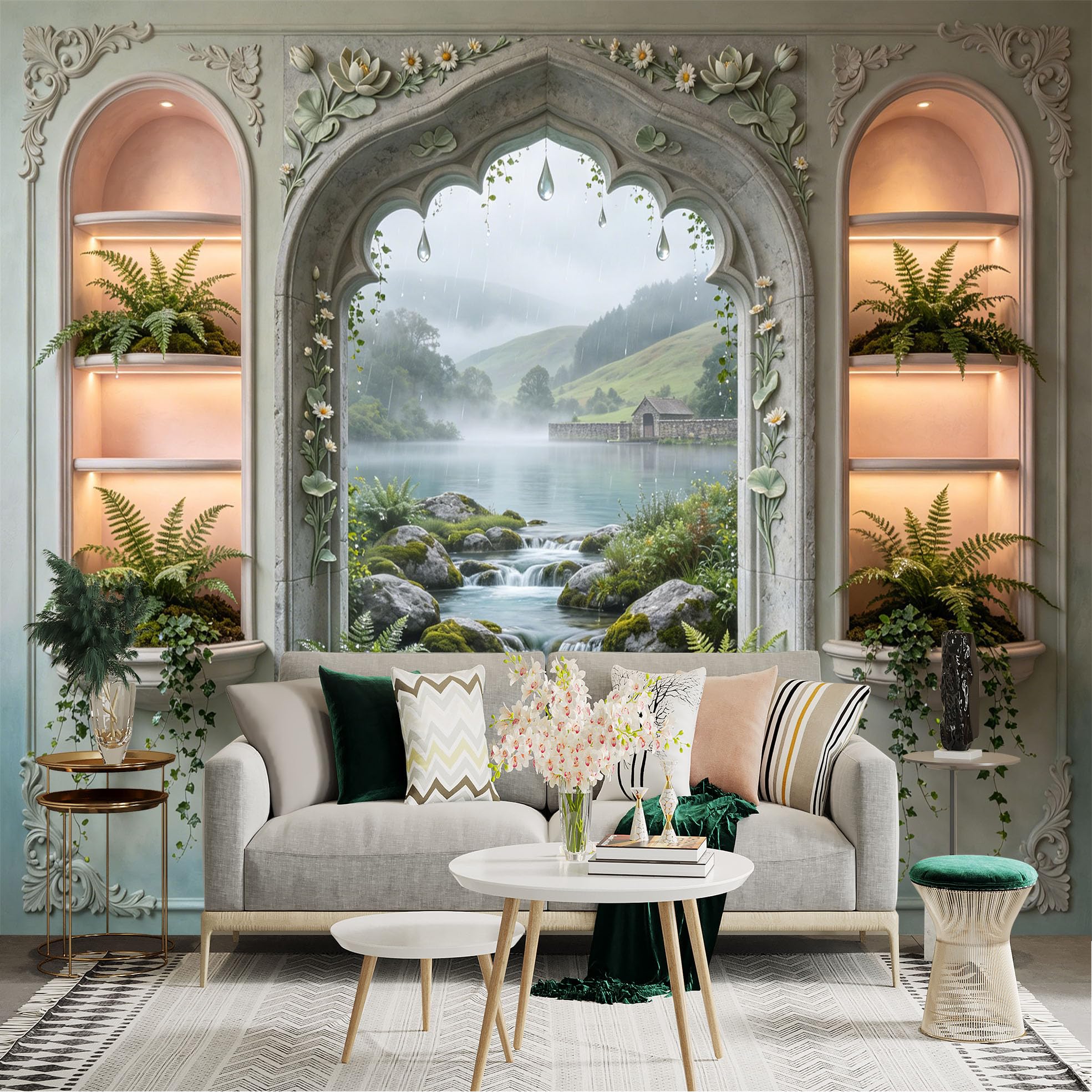 Lnzczhyre Dbh260521126 Custom Size Wall Sticker Mural， Misty Lake With Stone Archway， Green Ferns And Cascading Stream， For Wall Decoration， Peelandstick Wall Decals.