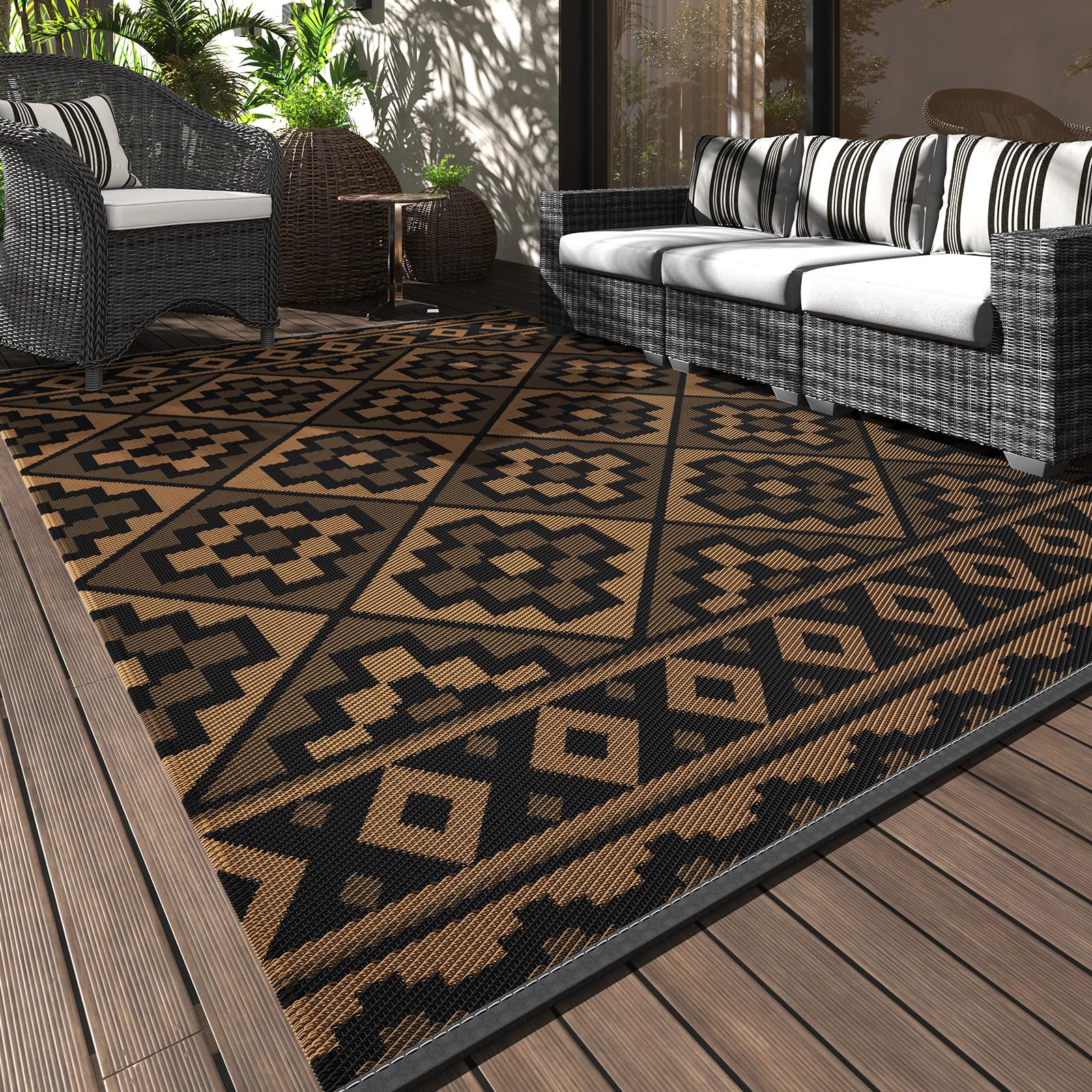 Outdoor Rug Geometric Patio Rug Waterproof Camping Outdoor Carpet Reversible Deck Rugs Portable RV Mat Plastic Straw Rug for Patio Balcony RV Camping Backyard Picnic Brown & Black 6X9FT