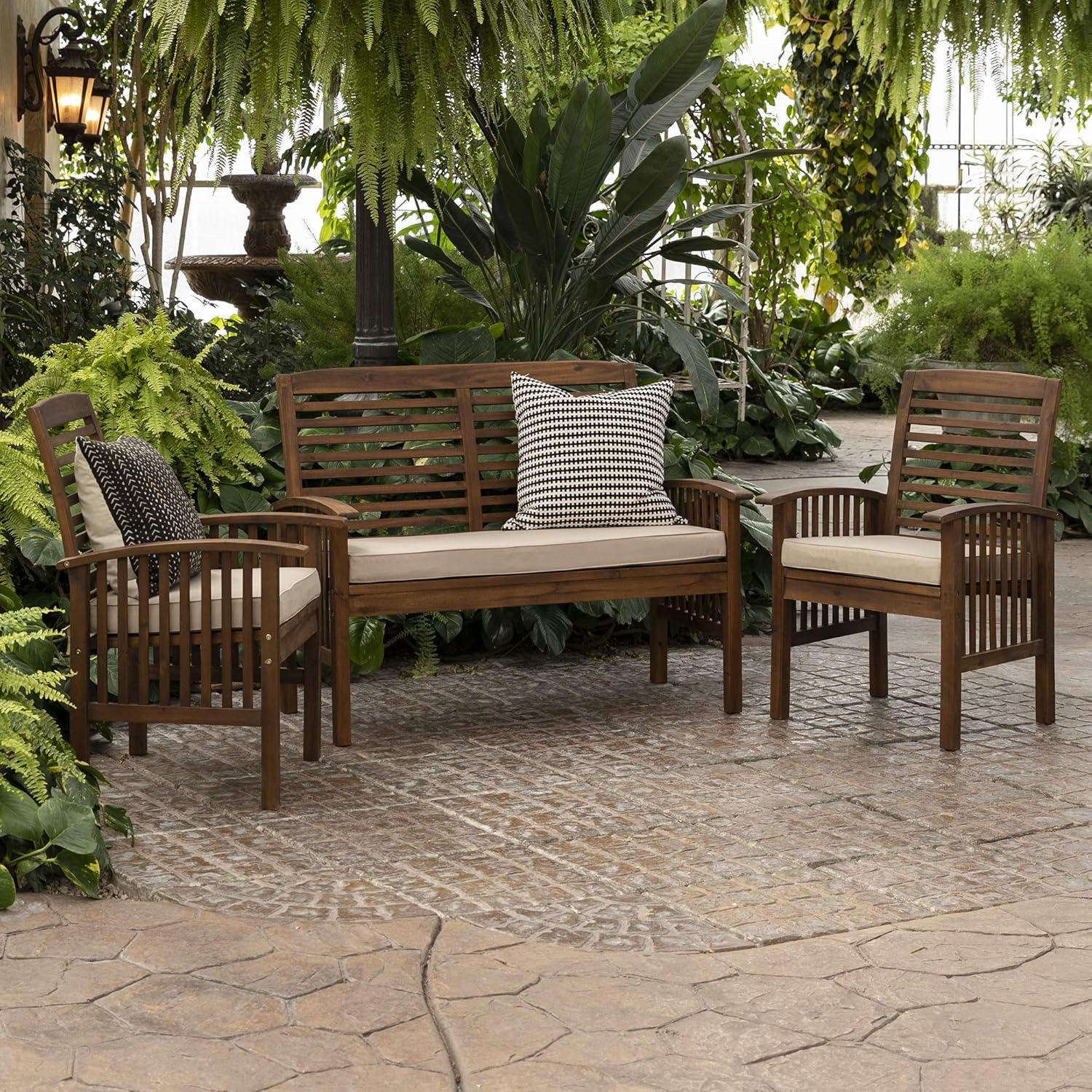 Walker Edison AZOWCHAT3PCDB 3-Piece Acacia Solid Wood Outdoor Patio Conversation Set, Dark Brown : Everything Else