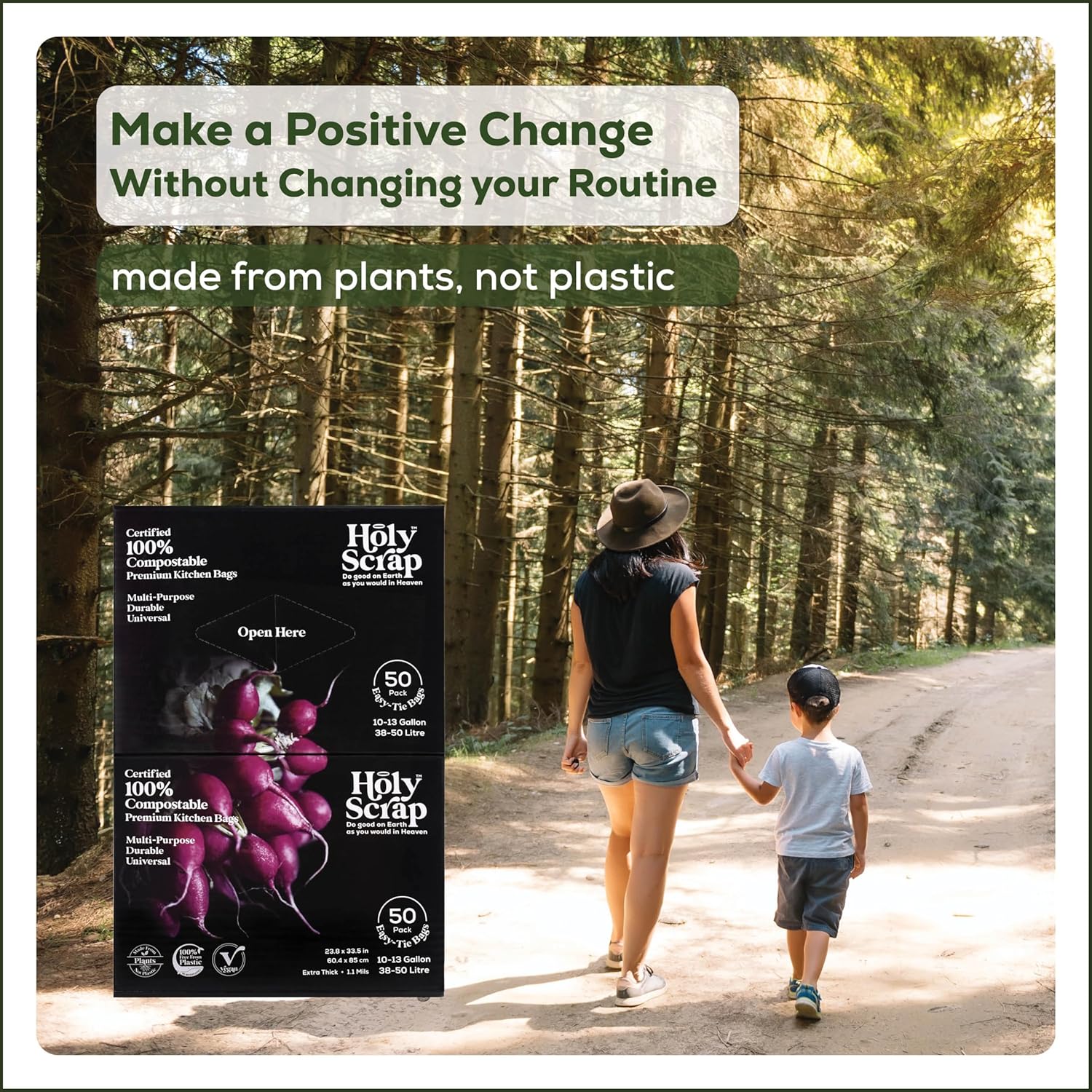 Large Compostable Trash Bags - 10-13 Gallon, 100 Pack, 100% Plastic-Free Decomposing Easy-Tie Trash Can Bags & Liners, Thick Kitchen, Bathroom & Backyard Bin Bags for Food & Green Waste