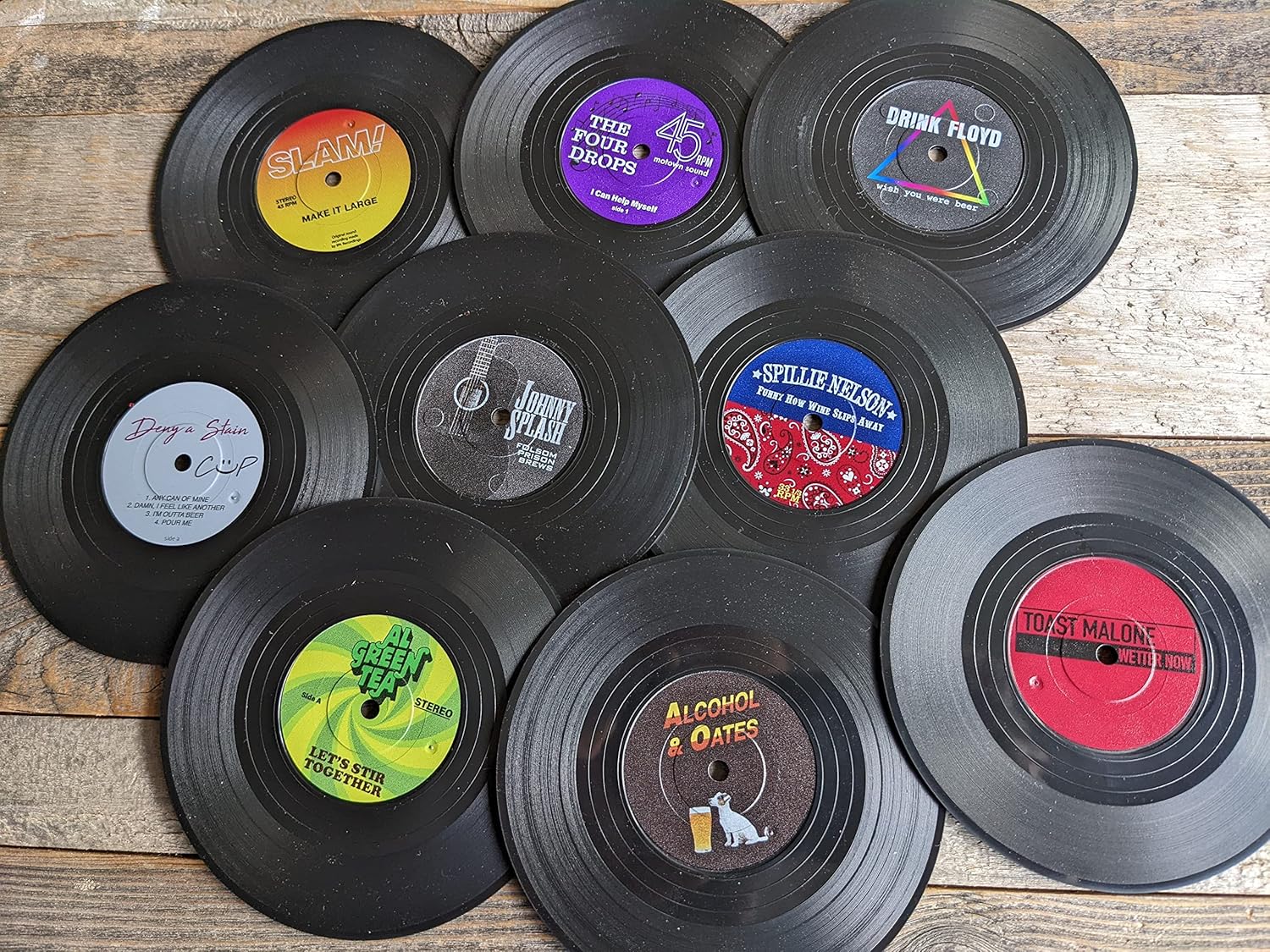 Retro Vinyl Record Funny Pun Title Coaster Set with wood Turntable holder FREE SHIPPING