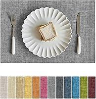 Softalker Faux Linen Placemats Set of 6, 12x18 Inch Heat-Resistant Double Layered Farmhouse Table Mats, Non-Slip Washable Light Grey