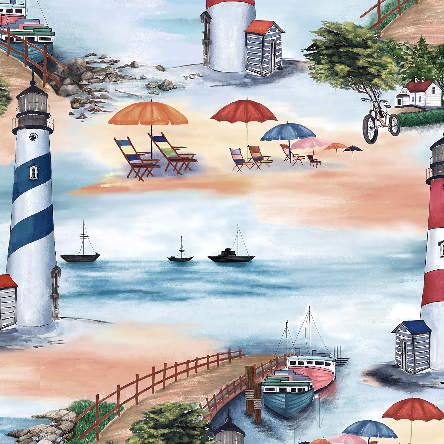 Michael Miller Fabrics By The Sea At The Beach Blue, Quilting Fabric by the Yard