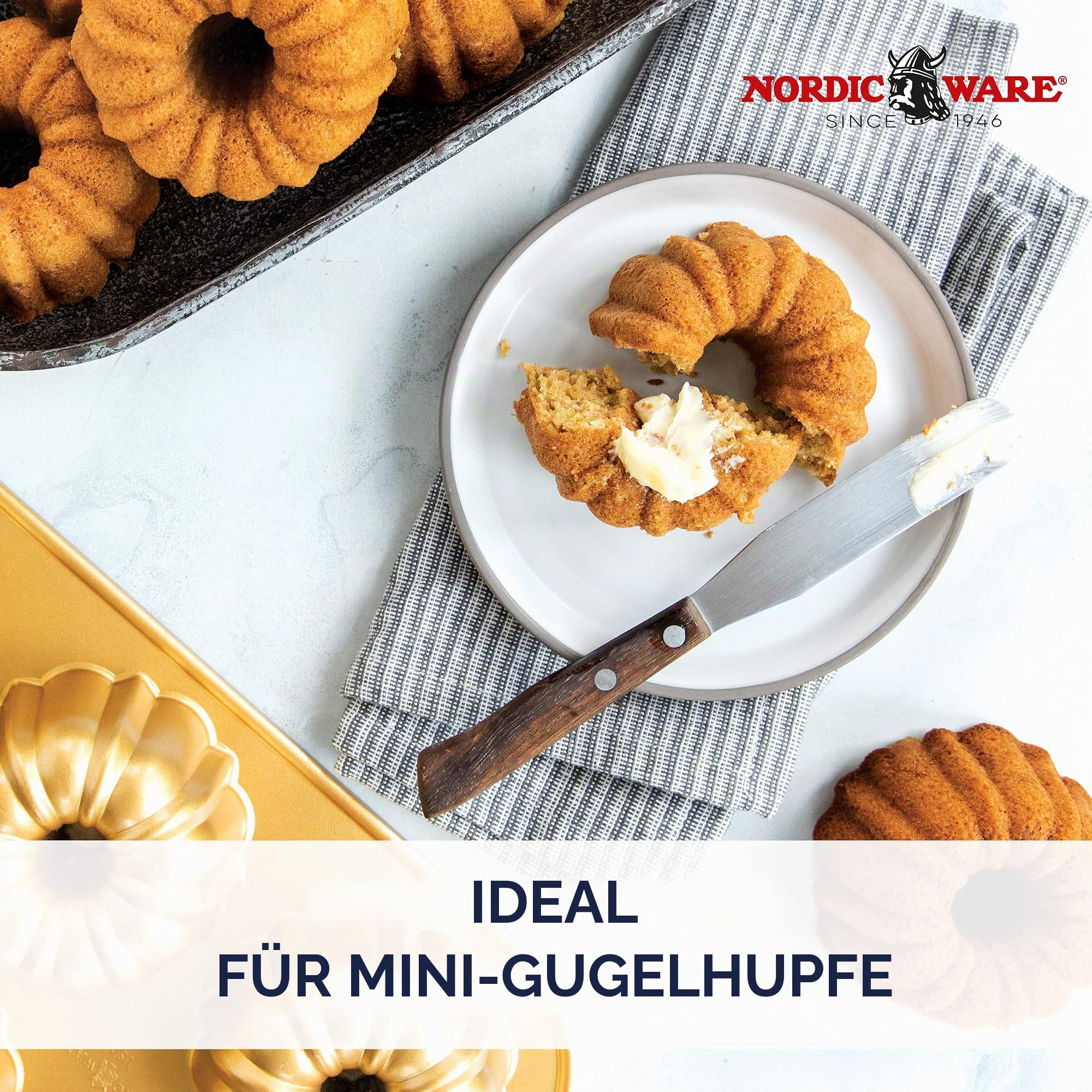 NordicWare Backform - Kuchenform - Minikuchen - Anniversary Bundtlette, Aluminium, Gold, 21,8 x 32,8 x 5,1 cm, 1 Einheiten, 86277