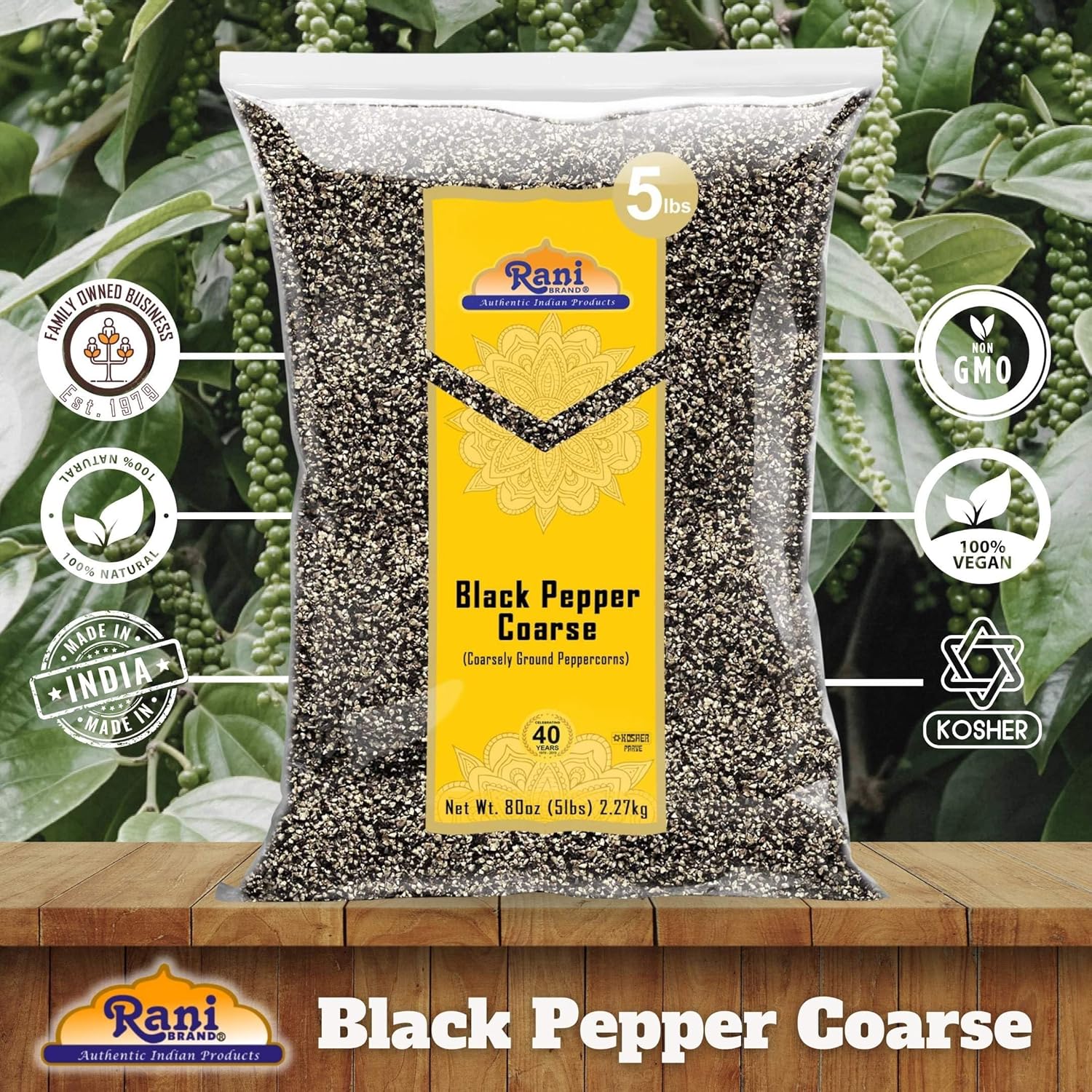 Rani Black Pepper Coarse Ground 28 Mesh (Table Grind) 80oz (5lbs) 2.27kg Bulk ~ All Natural | Vegan | Gluten Friendly | NON-GMO | Kosher | Product of Vietnam