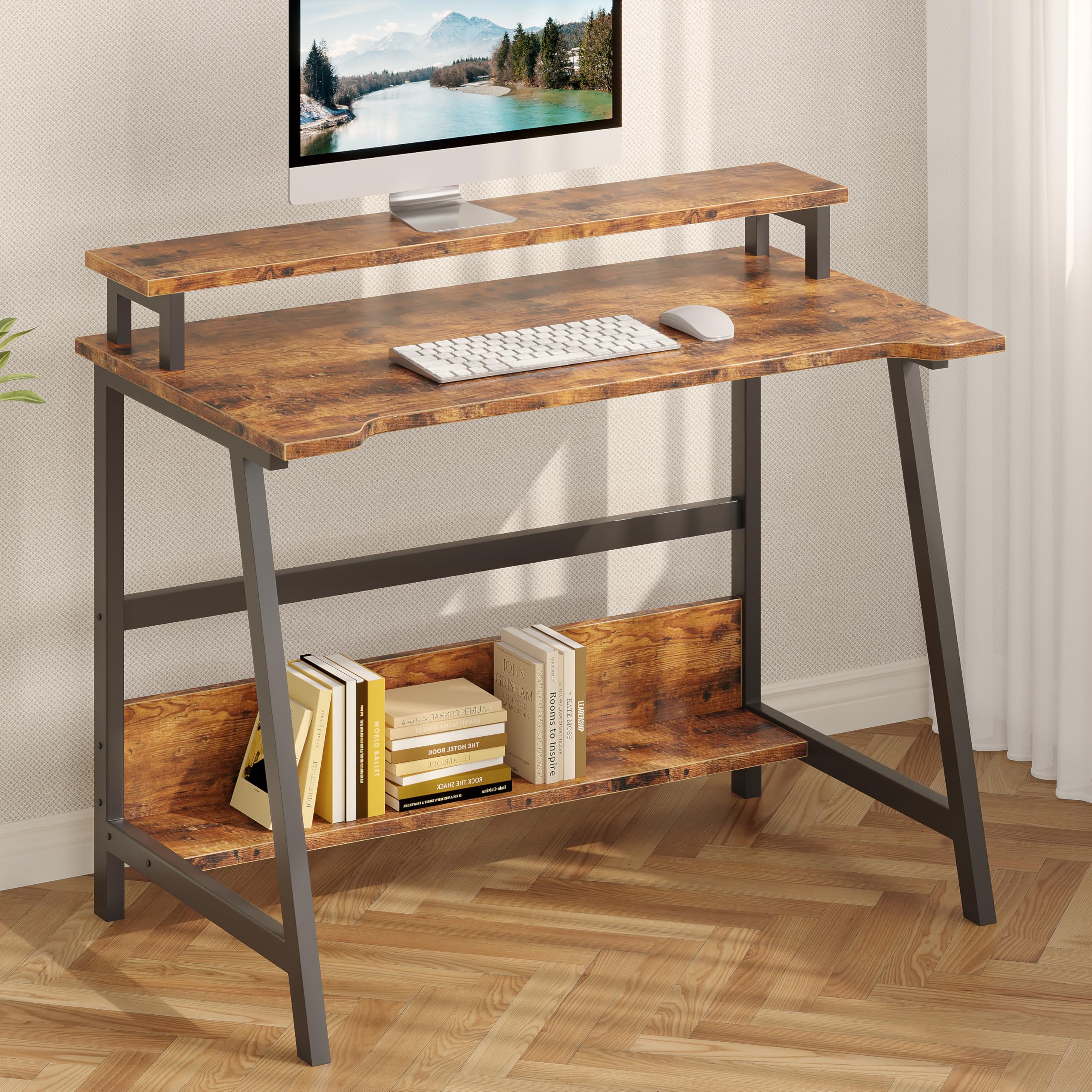 MIN WIN Schreibtisch Computertisch mit Monitorablage Homeoffice Schreibtisch Mit AblagefäChern Stabil Stahlgestell schreibtische für Homeoffice Arbeitszimmer Schwarz/Antik 80 x 50 x 86.5 cm