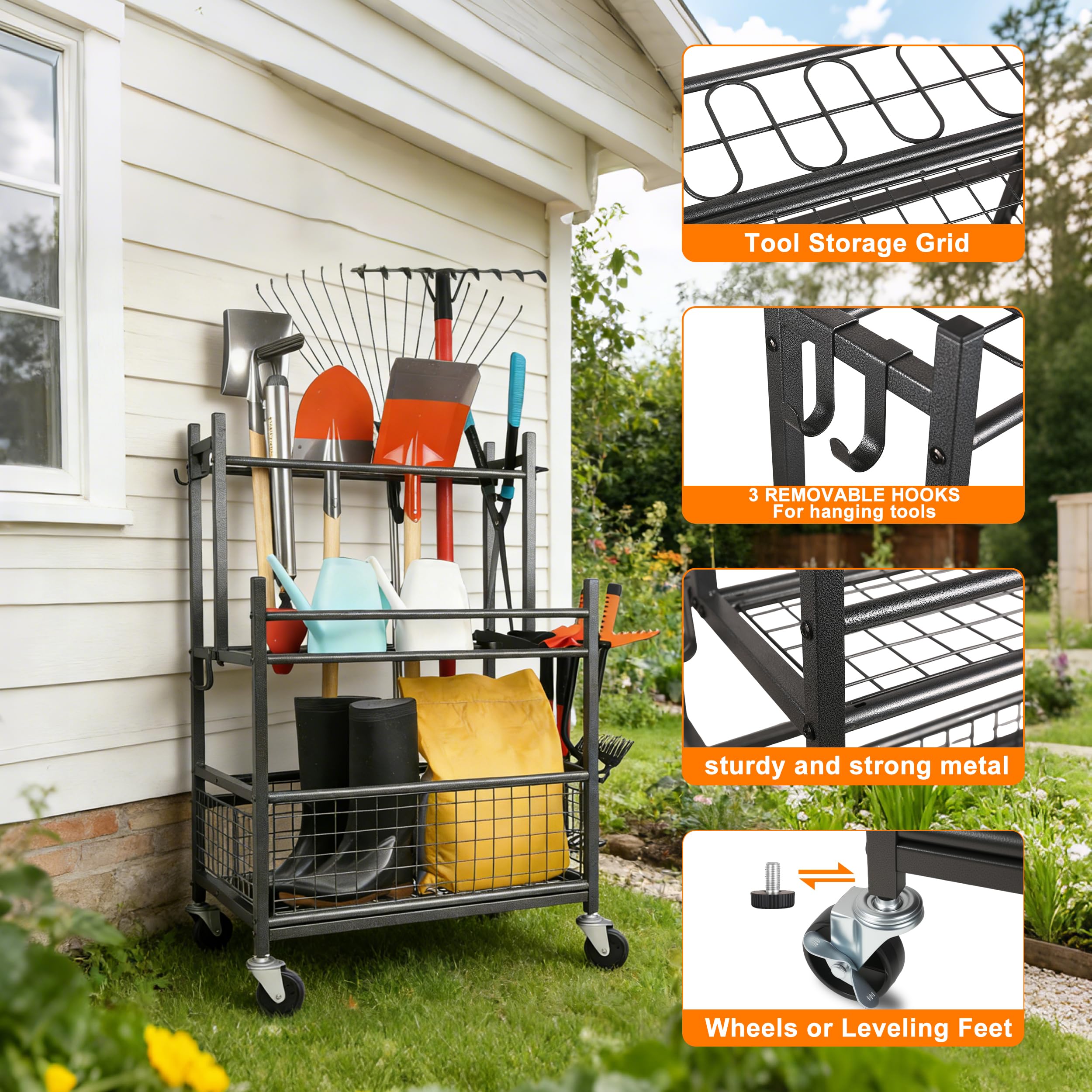 Gartengeräte Organizer mit Feststellrollen,Schwerlast Metall Gartengeräteständer,16 Fächer+19 Haken für langgestielte Geräte/Staubsauger/Rasenrechen,ideal für Garage, Schuppen & Außenbereich