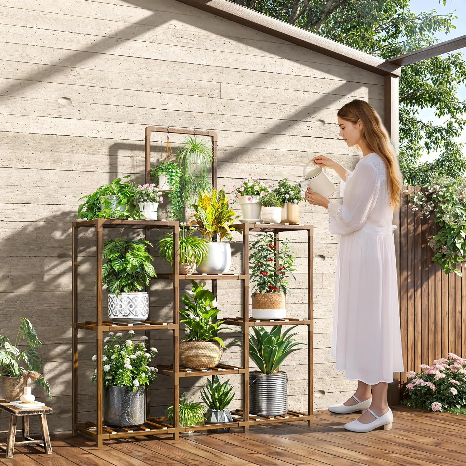 EnHomee Plant Stand Indoor Tall Plant Stand Outdoor Large Wood Plants Shelf with 10-12 Pots for Patio, Living Room, Garden, Balcony, 34.5" Wx47.3 Hx11.78 D