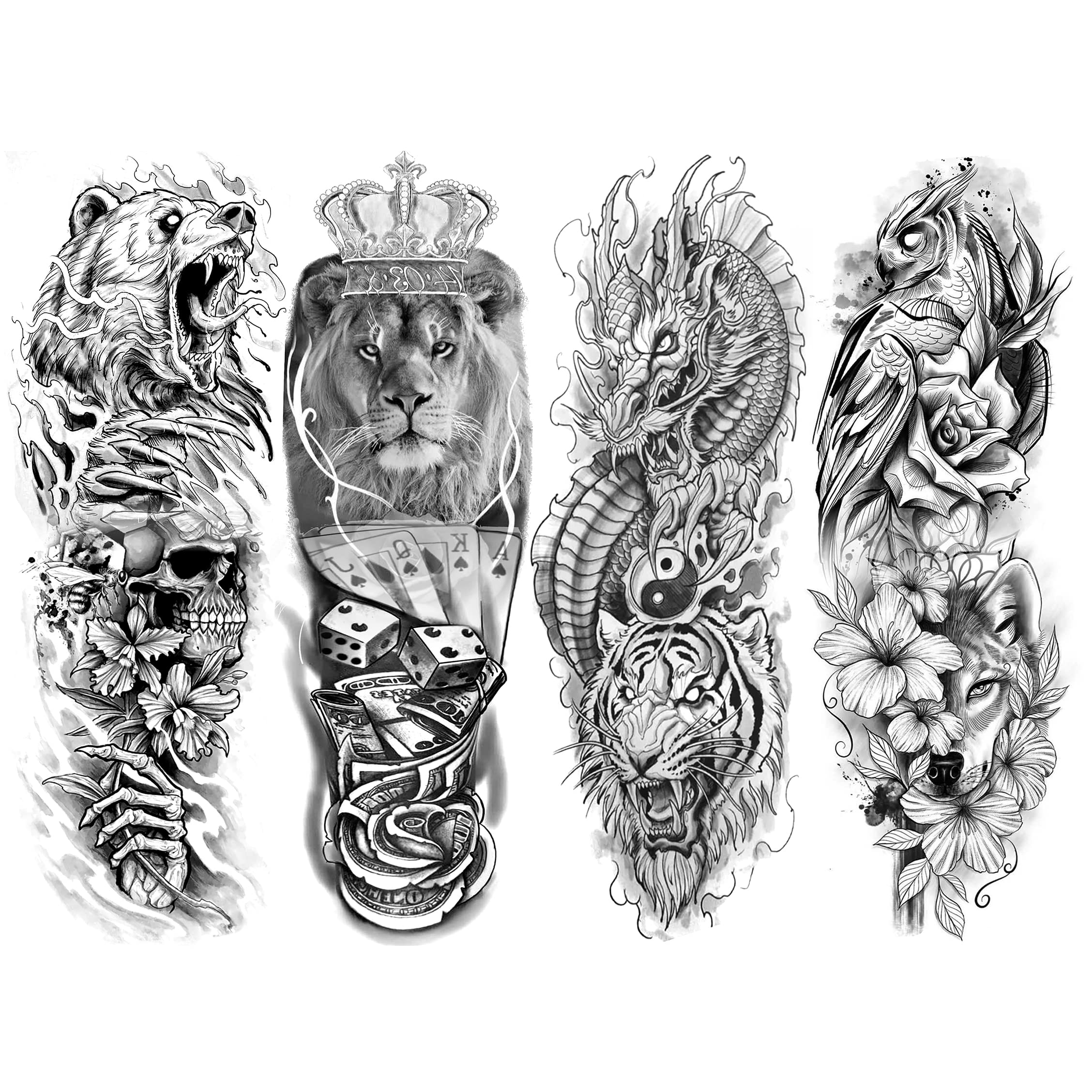 Amazon.com : Oottati 4 Sheets Extra Large Full Arm Temporary Tattoos -  Black Lion Dragon Tiger Owl Bear Skull Hand Wolf Card Taichi Flower For Men  : Beauty & Personal Care