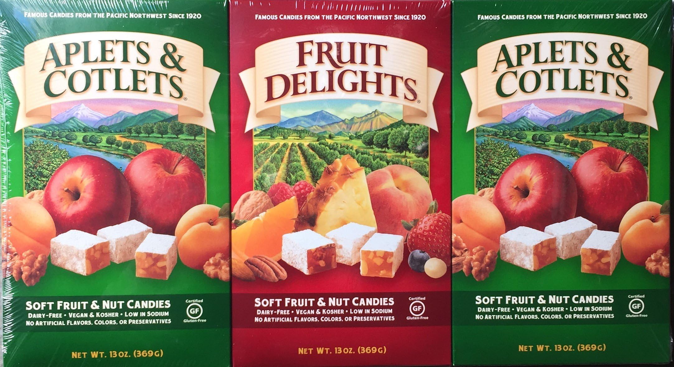 Liberty Orchards Soft Fruit & Nut Candies Gift 3 Set (2 Aplets & Cotlets, 1 Fruit Delights)