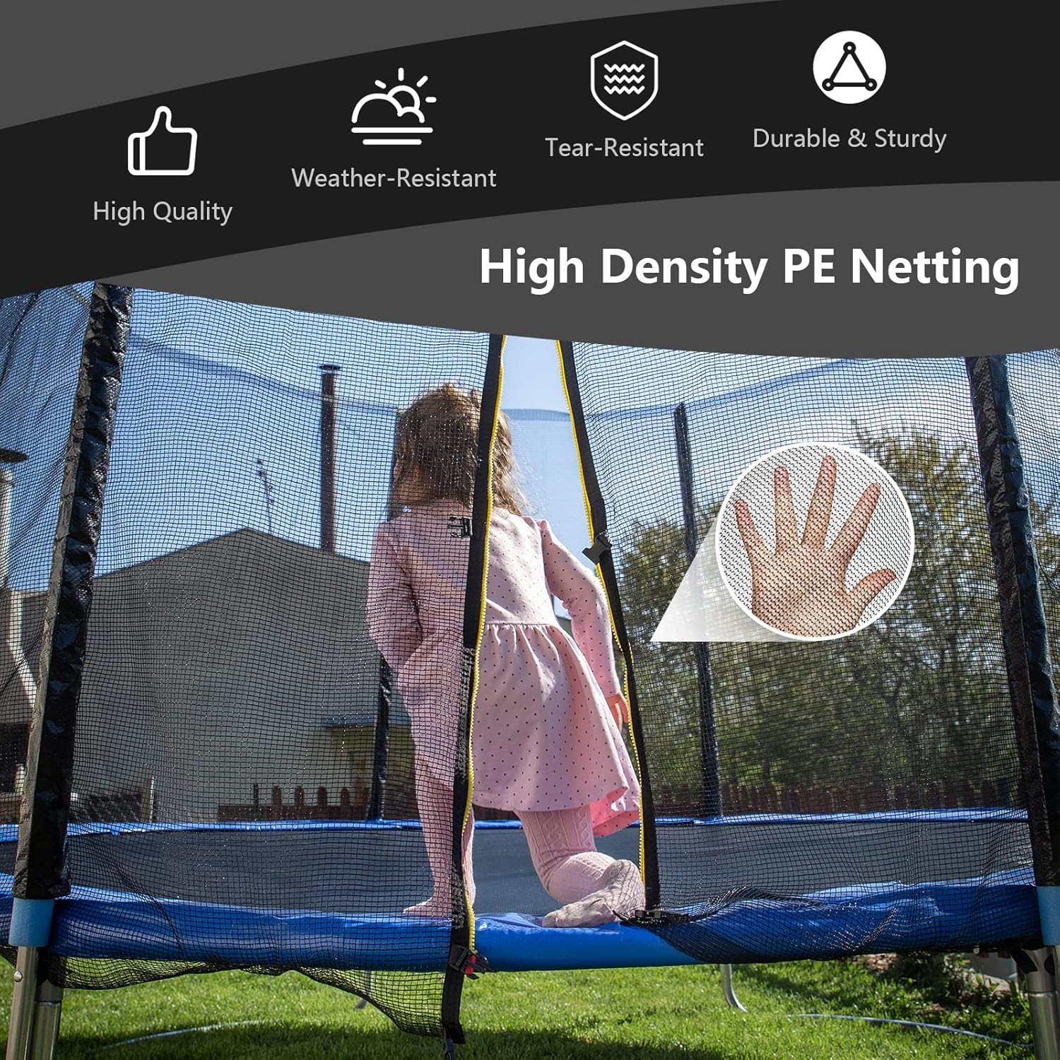 KOTEK Trampoline Net, 8FT 10FT 12FT 14FT 15FT 16FT Trampoline Enclosure for Straight Poles, Weather Resistant Trampoline Netting Replacement with Double-Headed Zipper & Protection Buckles, Net Only