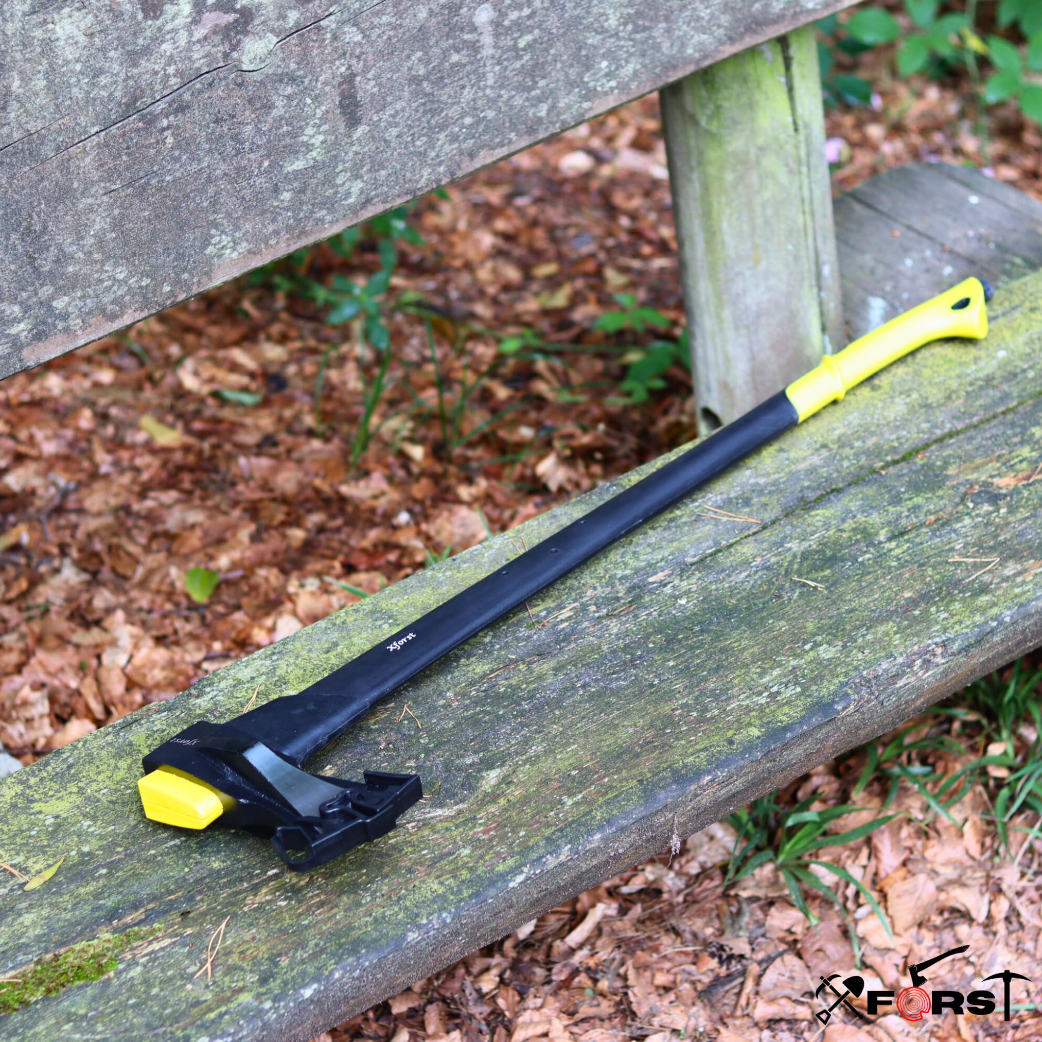 Xforst Hacha de Partir Forestal SA2F 93 cm con Mango de Fibra de Vidrio Amarillo y Negro – Cabeza de 2 kg Acero Forjado – 3,1 kg Total – Fijación Patentada – Hacha para Leña y Exterior