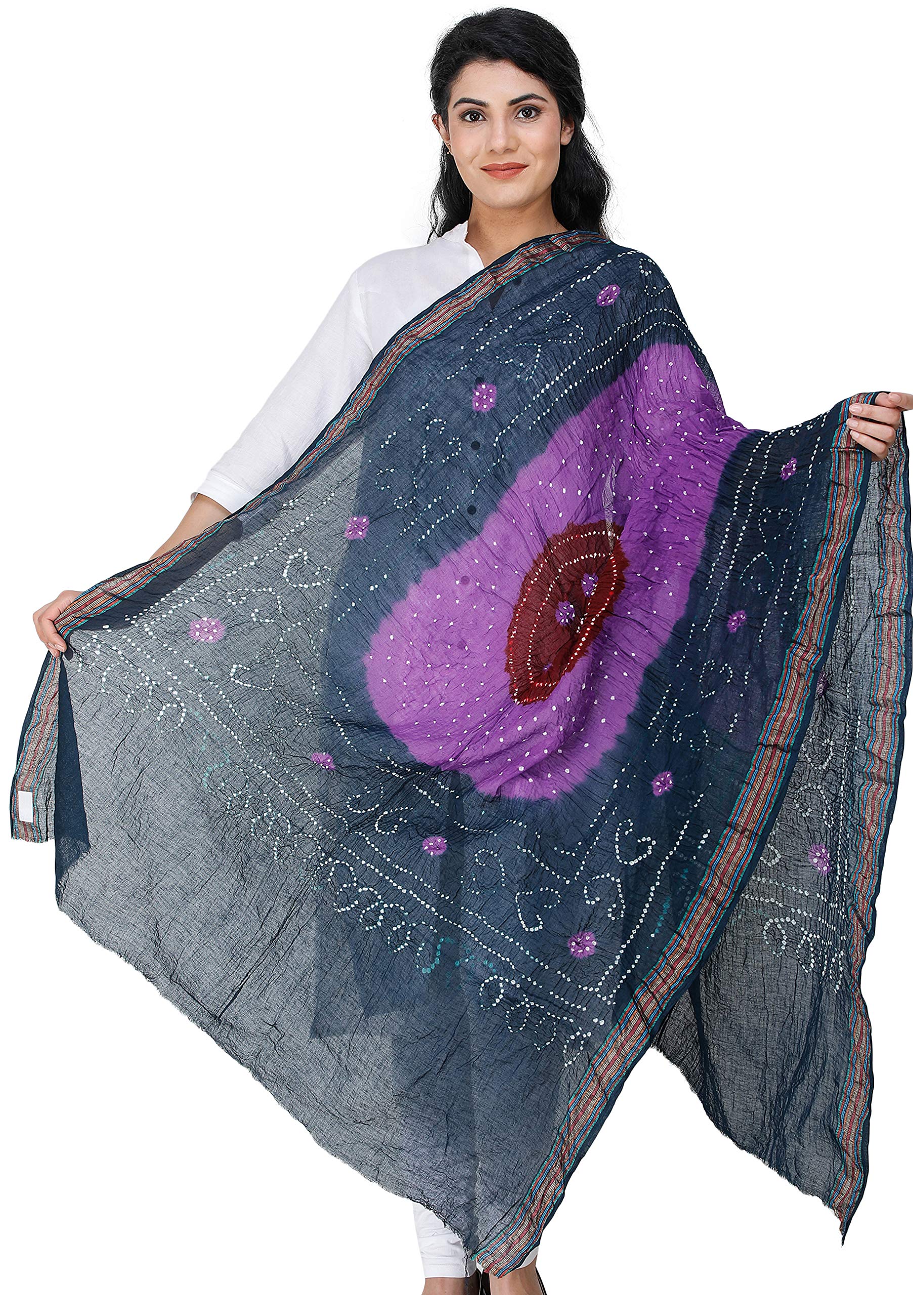 Exotic IndiaTie-Dye Bandhani Dupatta From Gujarat with Woven Border and Chakra - Pure Cotton