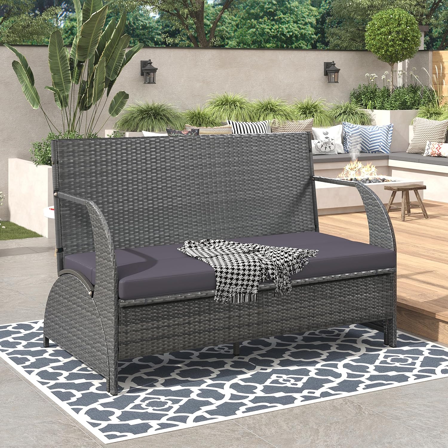 Merax Outdoor Rattan Loveseat, Patio Conversation Sets, Convertible to Four Seats with Table Sofa for Backyard, Garden and Lawn, Gray