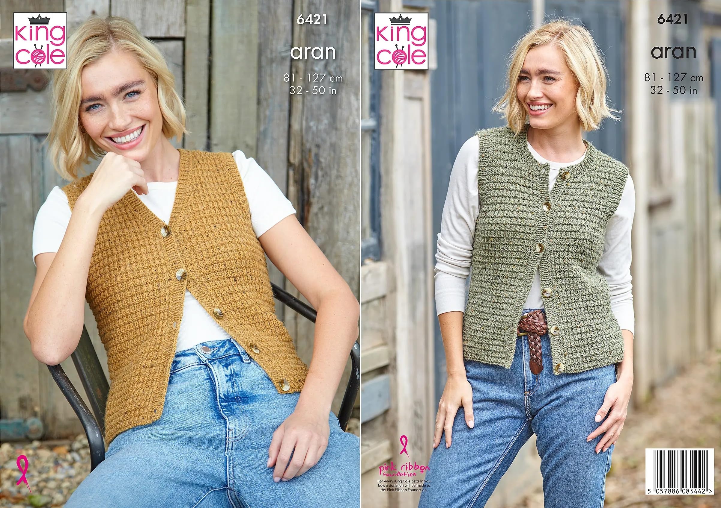 King Cole Aran Knitting Pattern Pamphlet - 6421 Ladies Waistcoats (2 Designs) (32-50ins)
