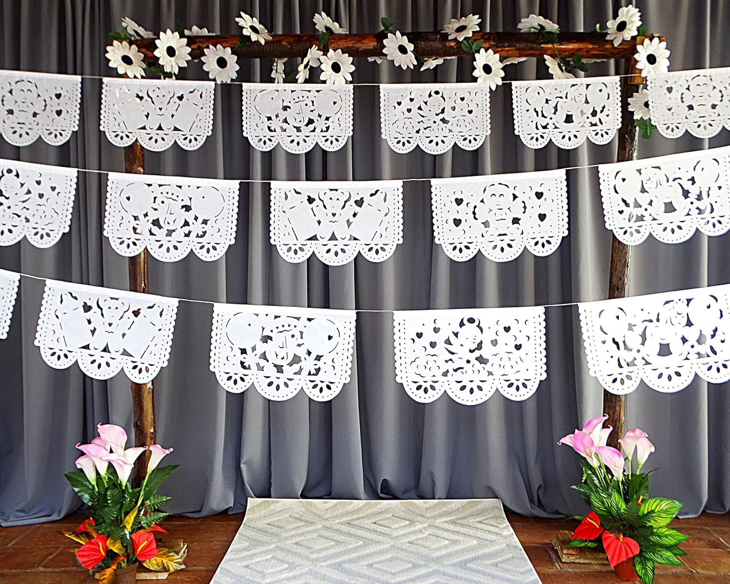Baby Shower Party Decor for boy or Girl, Over 60 feet of White Papel Picado White Tissue Paper Banner Garlands with Angels, Babies Rocking Horse 50 Panels/Flags 5 Pack