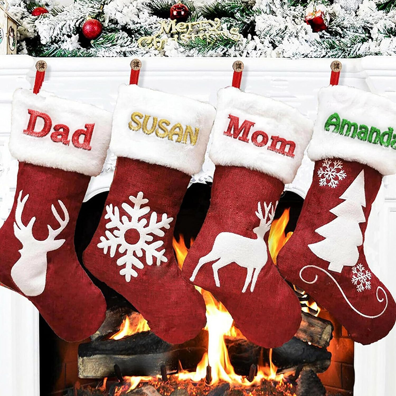 Printualist Personalized Christmas Stockings (18 inch) - Custom Embroidered Name Red Green Ivory Santa Deer Tree Pet Cat Dog- Rustic Farmhouse Fireplace for Family Decorations Holiday