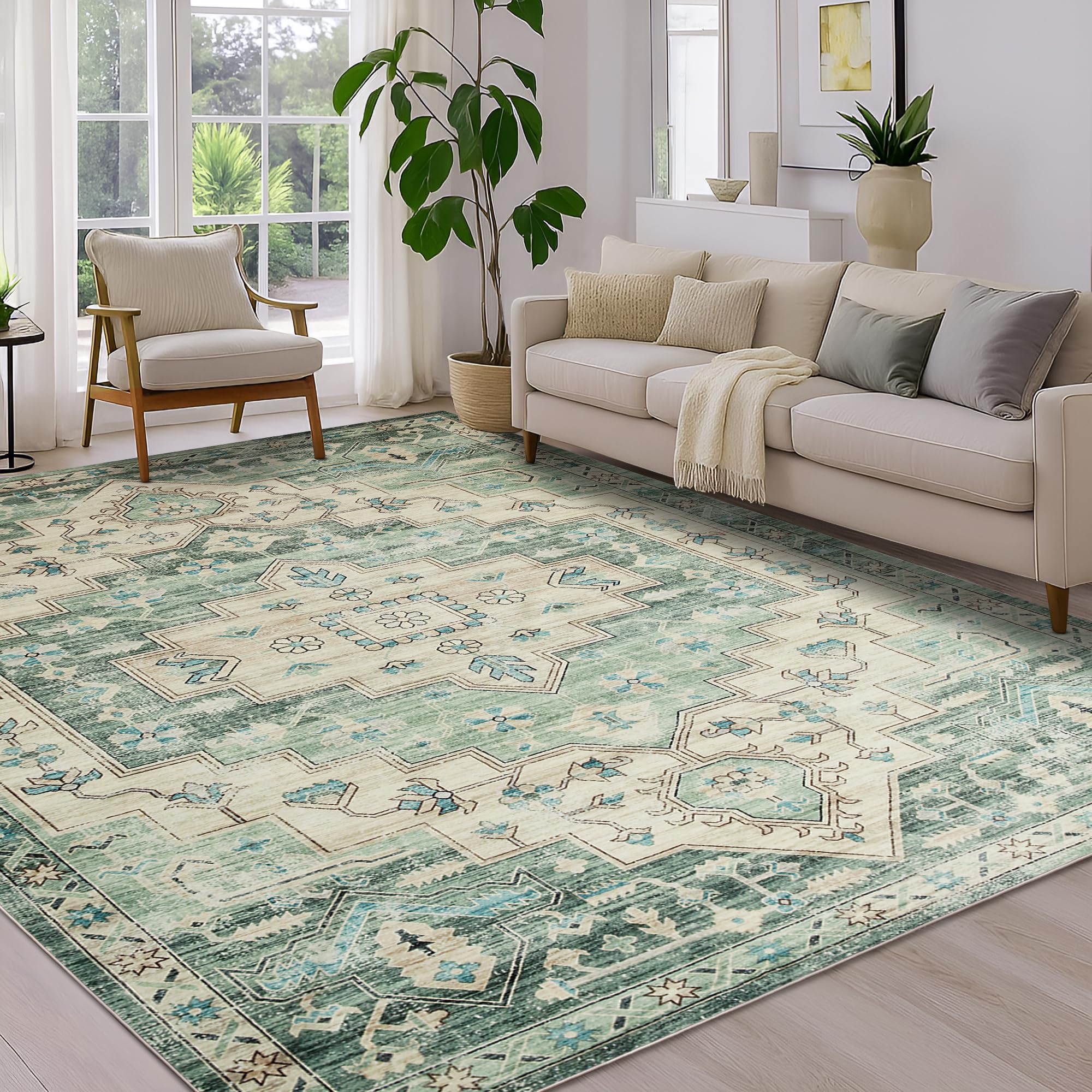 BedLooms Machine Washable Rugs Living Room Large 160x230 cm, Sage Green Area Rugs for Bedroom Short Pile Non Slip Carpets Traditional Floral Vintage Design Boho Rug Plush Carpet (Ember)