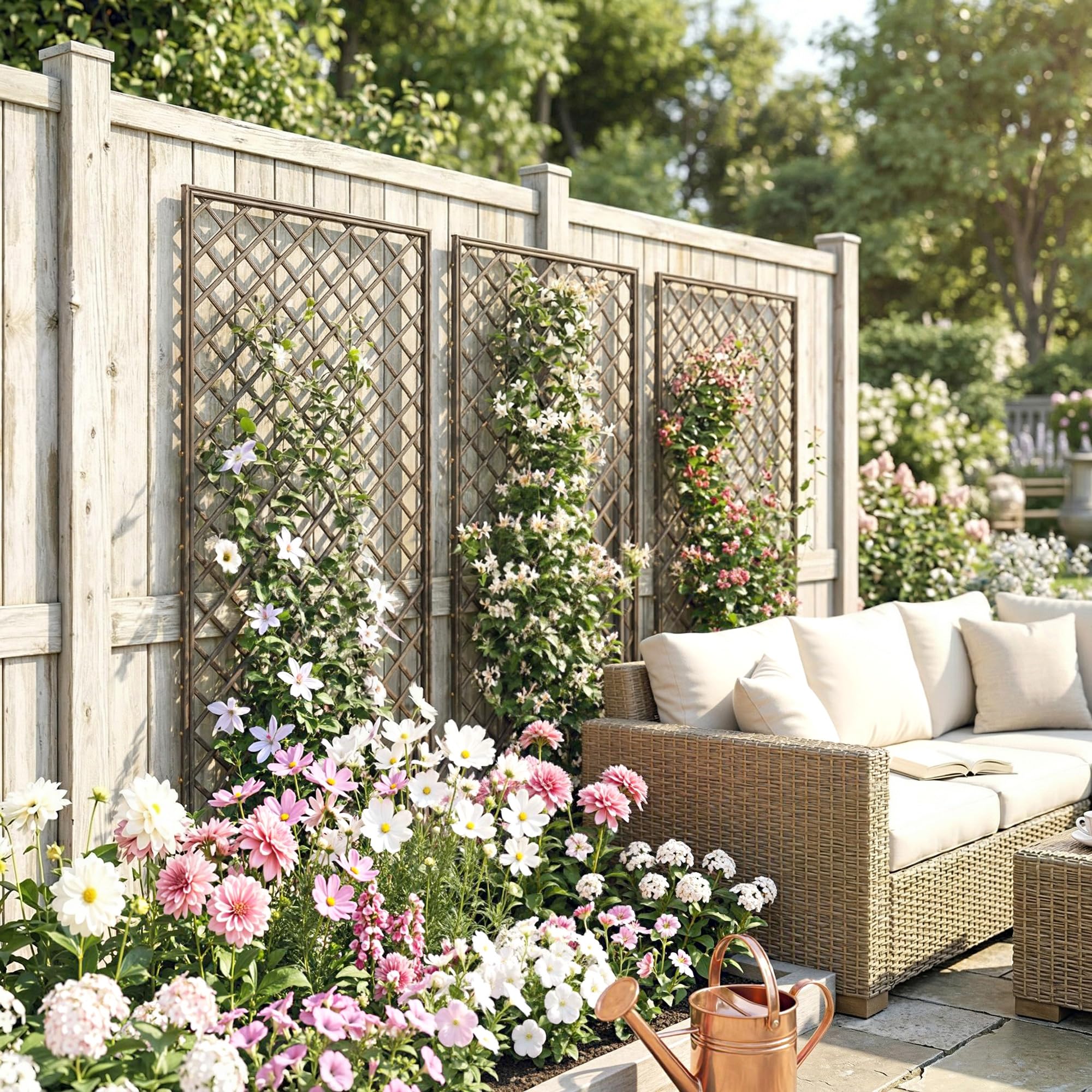 Outsunny Juego de 3 Enrejados de Jardín de Mimbre, Soportes para Plantas Trepadoras con Parte Superior Plana, para Frutas, Verduras, Flores, Decoración Exterior para Patio, 43x112 cm, Madera Natural