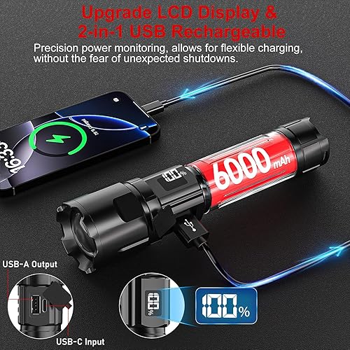 Miniatura 5 de Linterna 20000 Lúmenes Altos Recargable - Paquete de 2 Luz LED Flash Súper Brillante de 30W  24H de Larga Duración y Haz de 5000ft USB C Linterna de