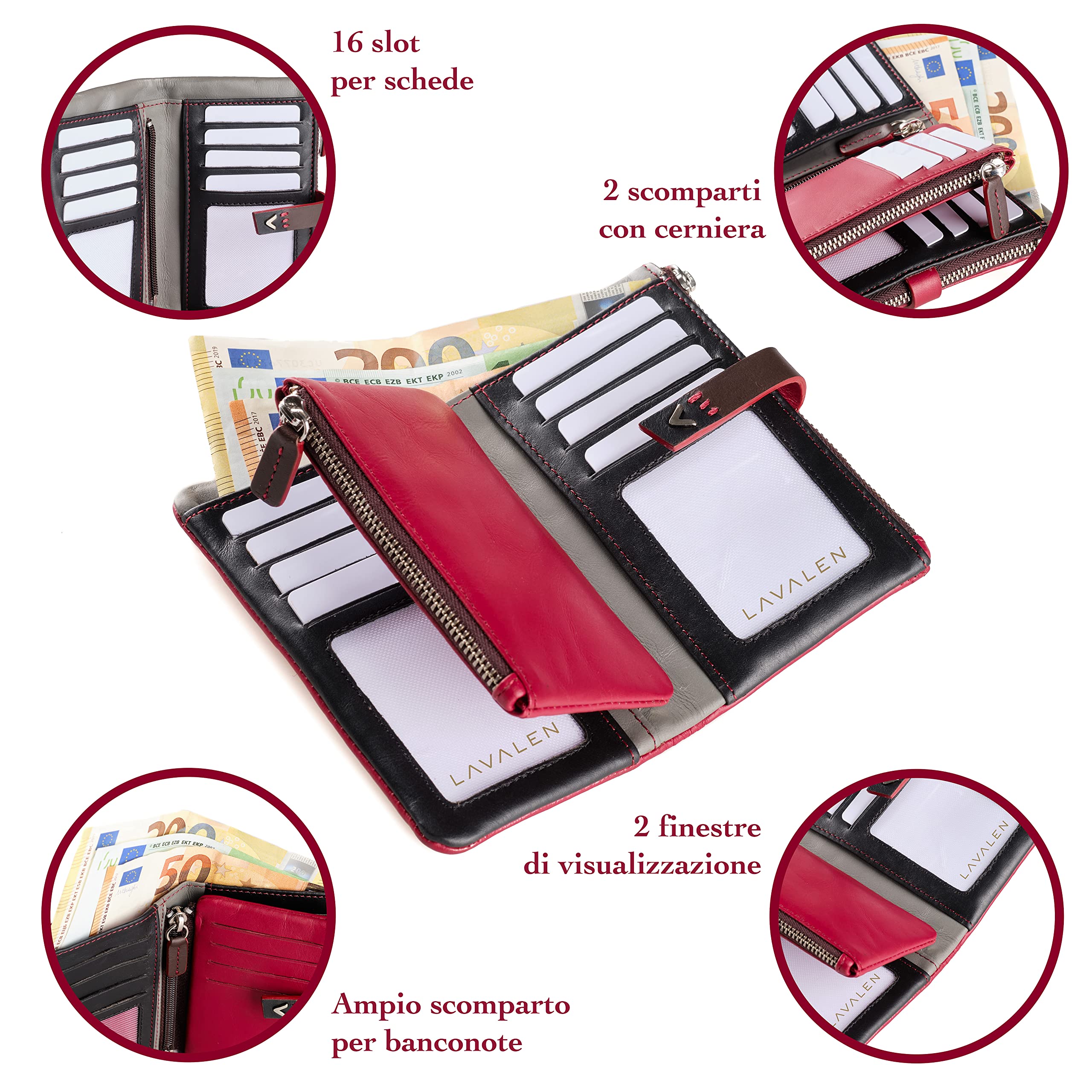 Portafoglio Donna Pelle Vera - Portamonete RFID Fatto a mano - Porta Tessere Firmato Rosso - Regalo Perfetto.