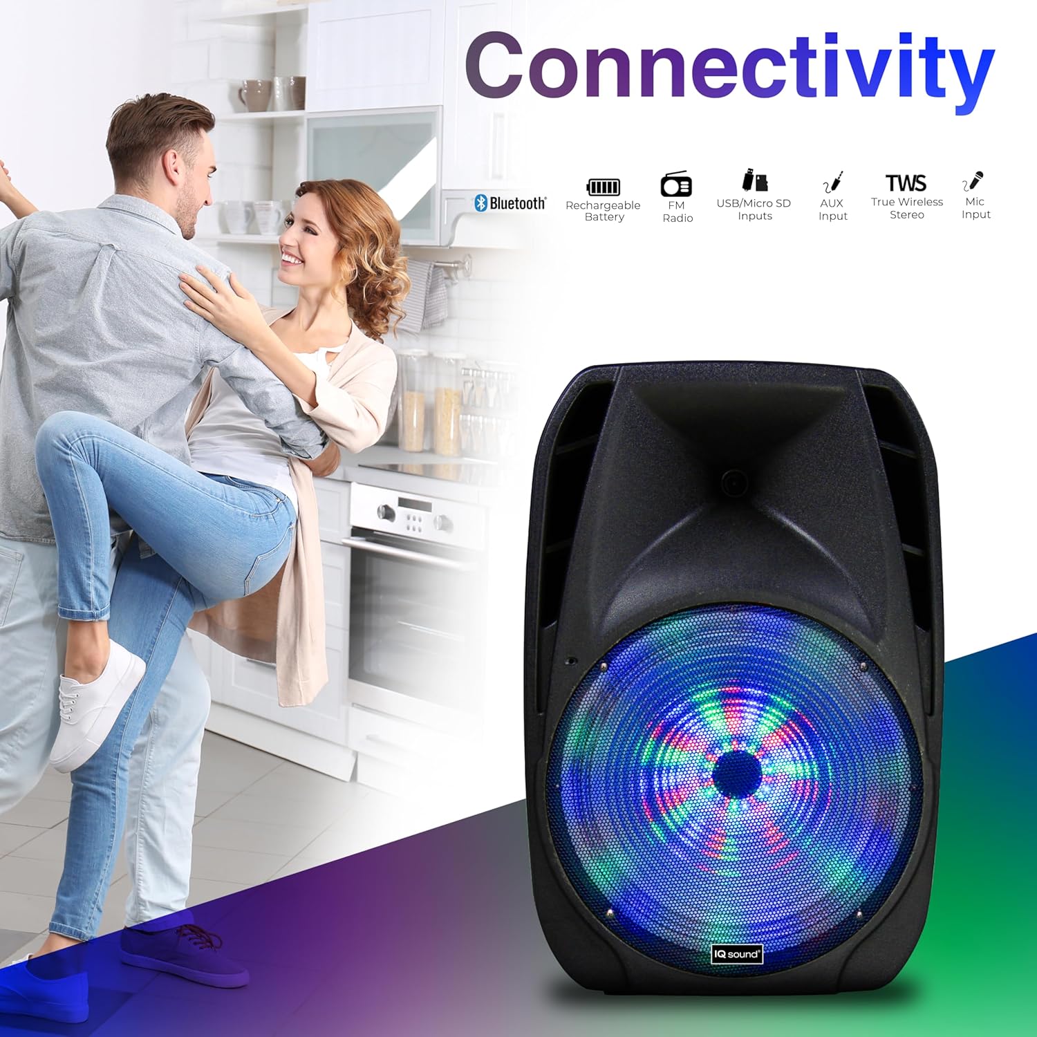 IQ Sound IQ-4415DJBT 15-inch Professional Bluetooth Speaker with Tripod Stand, 900 Watts, Moonlight Glow, USB/Micro SD/Mic Input, FM Radio, AC/DC Power, Handle, Wheels and Rechargeable Battery