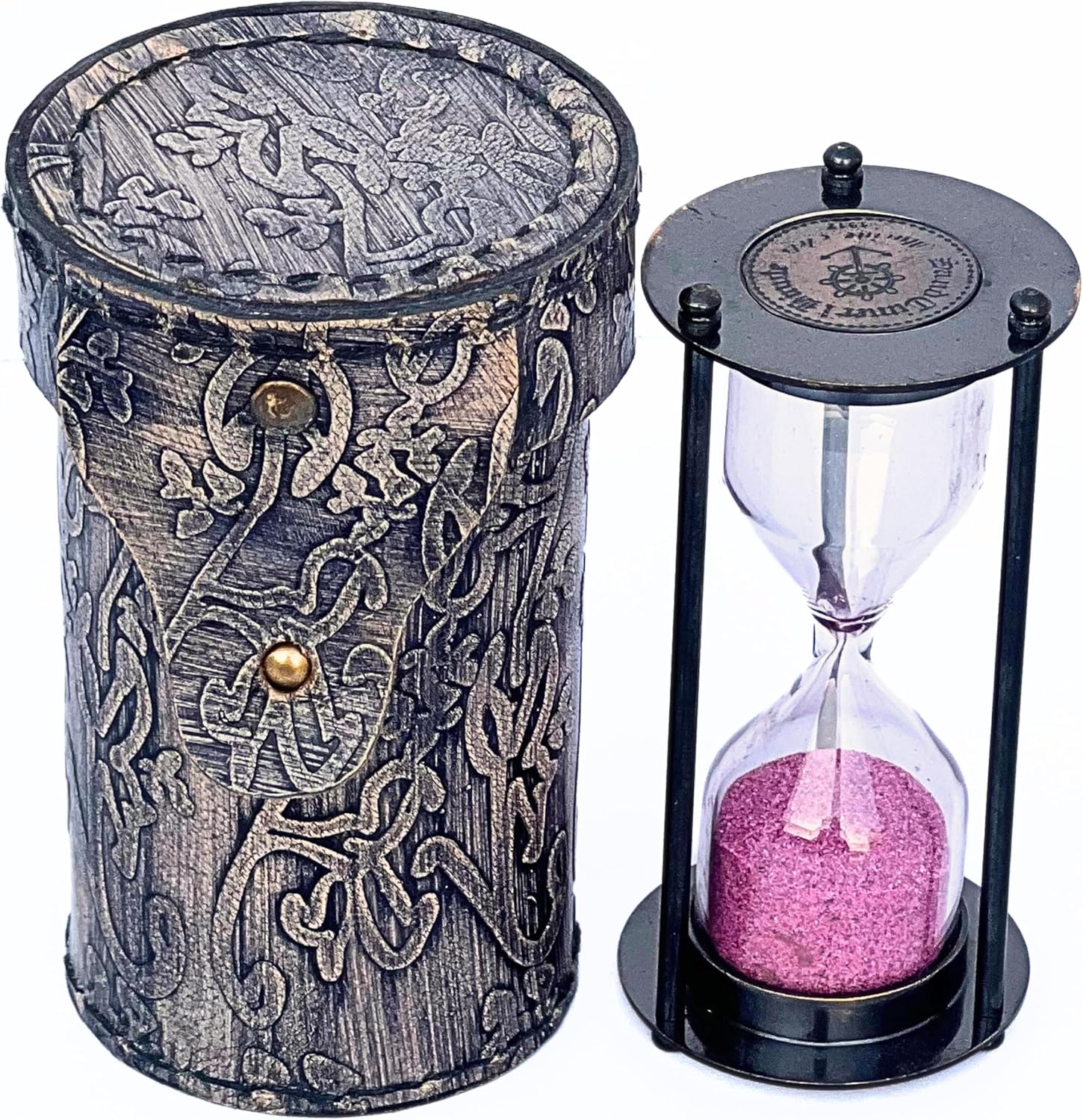 Antique Brass Hourglass with Engraved Grey Leather Case 3.5 Inch Vintage Sand Timer Collectible Desk Decor, Travel Gift for Home & Office