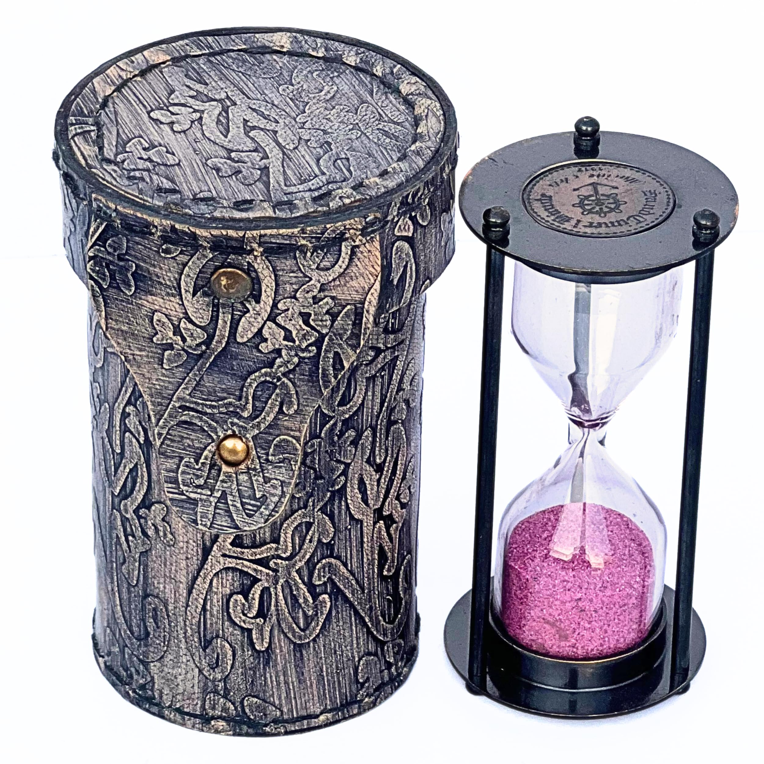 Antique Brass Hourglass with Engraved Grey Leather Case Vintage 3.5 Inch Sand Timer for Home Office Desk Shelf Decor Portable Collectible