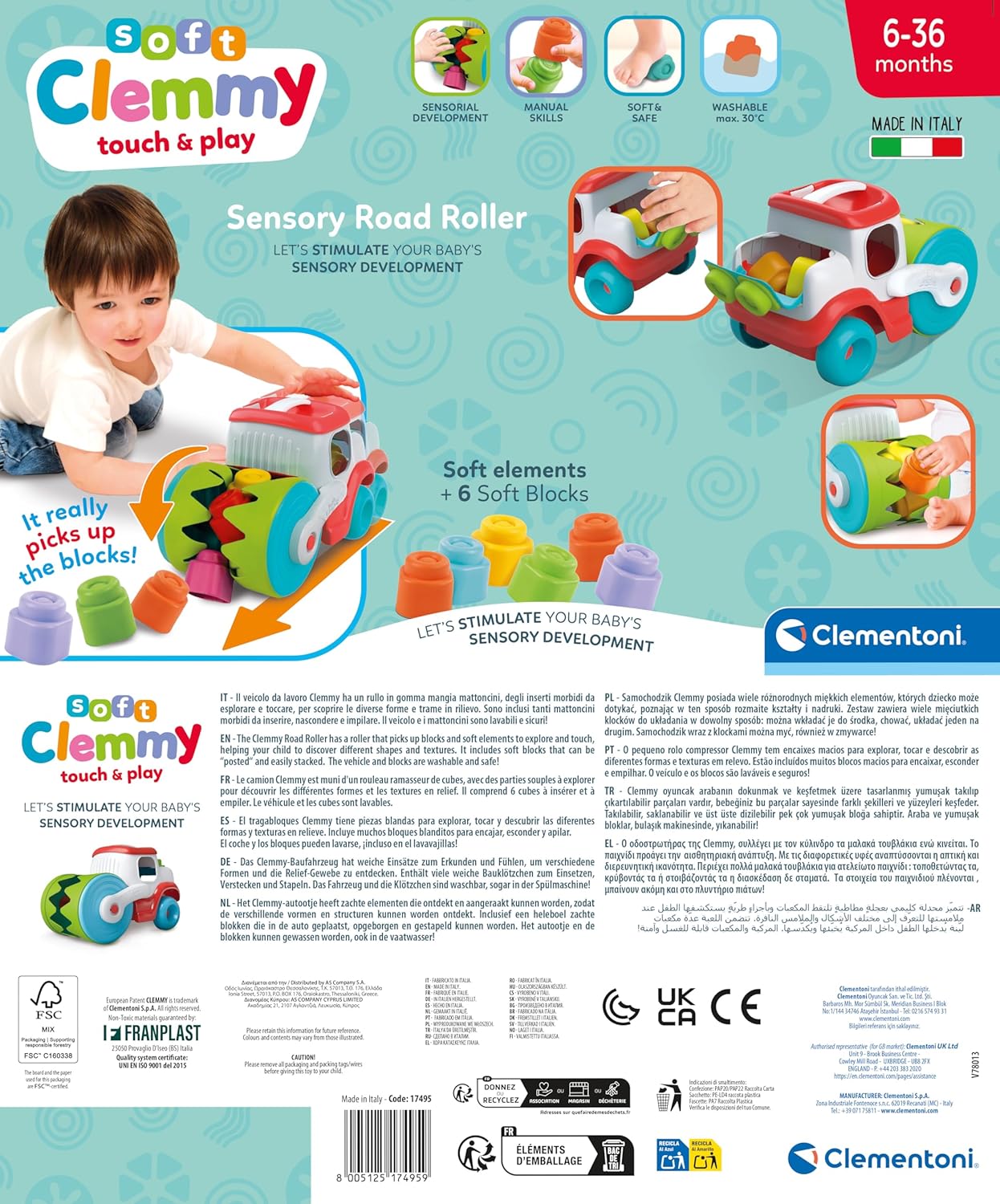 Clementoni Soft Clemmy – Touch and Play Sensory Steamroller, Children 12+ Months, Truck Binder 8 Bricks, Early Childhood Game, Develops Manuality and Tactile Perception, Made in Italy, 17495