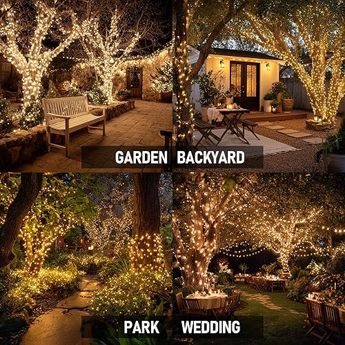 Vista 144 de TW SHINE Luces de Navidad, 200 luces LED de 66 pies para exteriores enchufables con 8 modos, luz impermeable para exteriores, decoraciones de Blanco