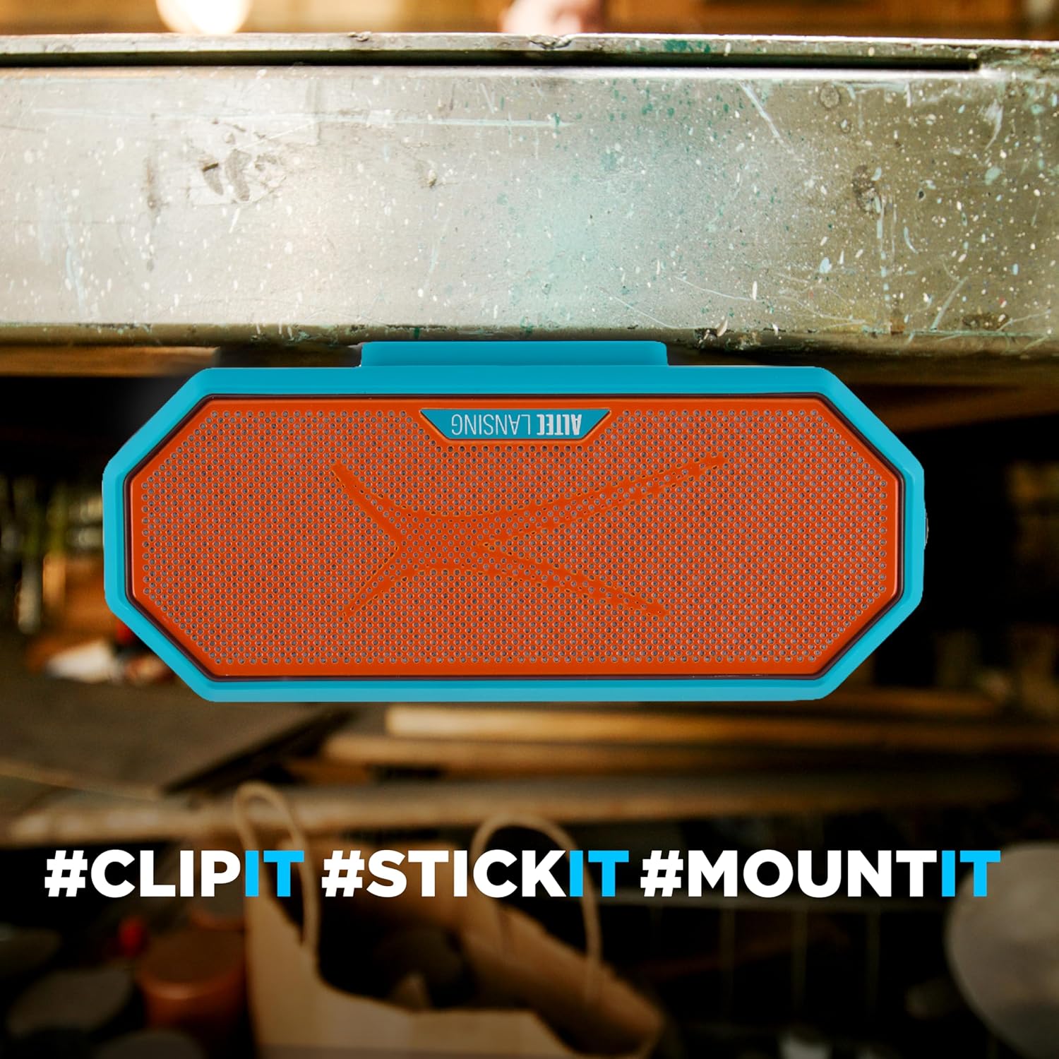 Altec Lansing HYDRABLAST 2.0 speaker magnetically attached to a metal surface.