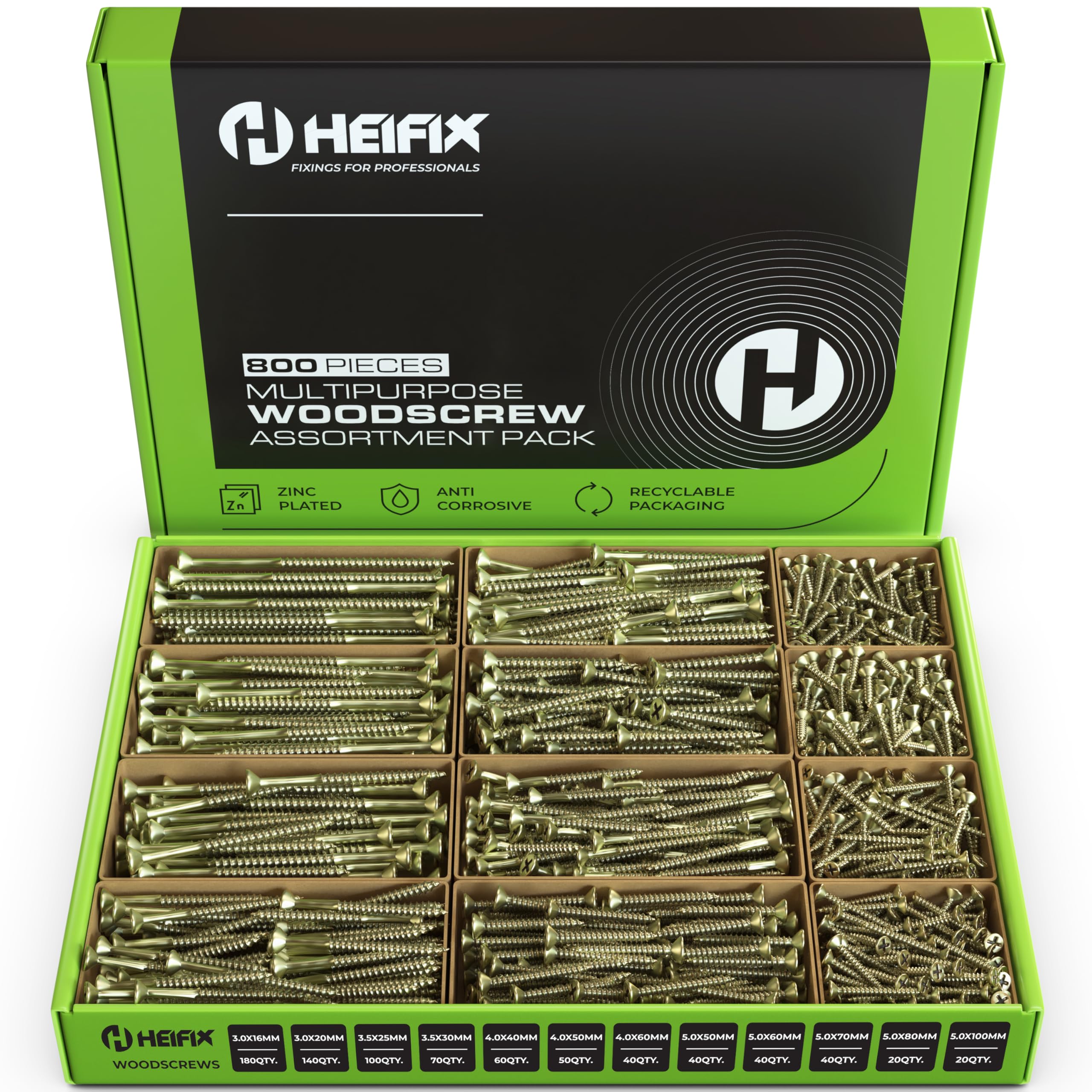 Heifix 800-Piece Wood Screw Assortment Set In Eco Storage Box, FREE Screw Bit Included, Double Countersunk, Pozi, Heavy Duty