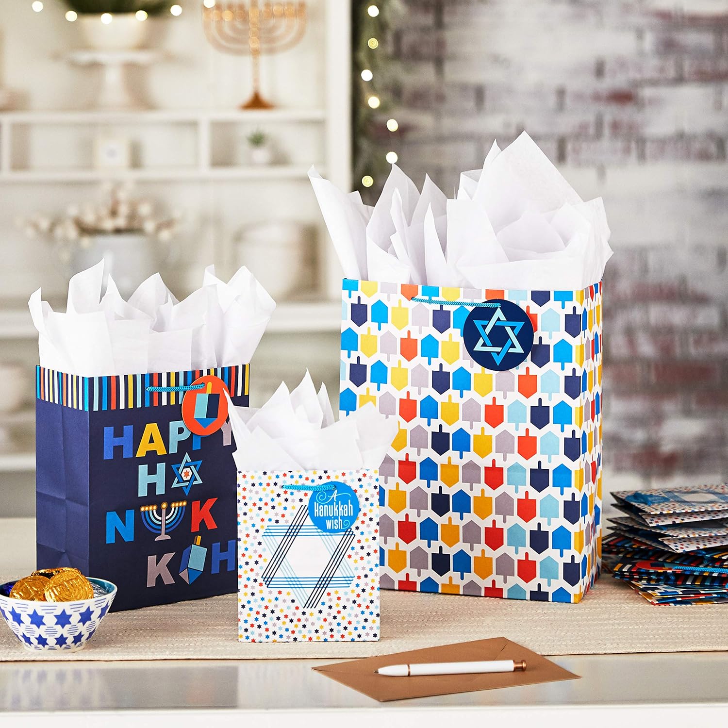 Hallmark Hanukkah Gift Bag Assortment (8 Gift Bags: 3 Small 6", 3 Medium 9", 2 Large 13") Star of David, Dreidels, Happy Hanukkah in Navy Blue, Orange, Yellow - Image 2