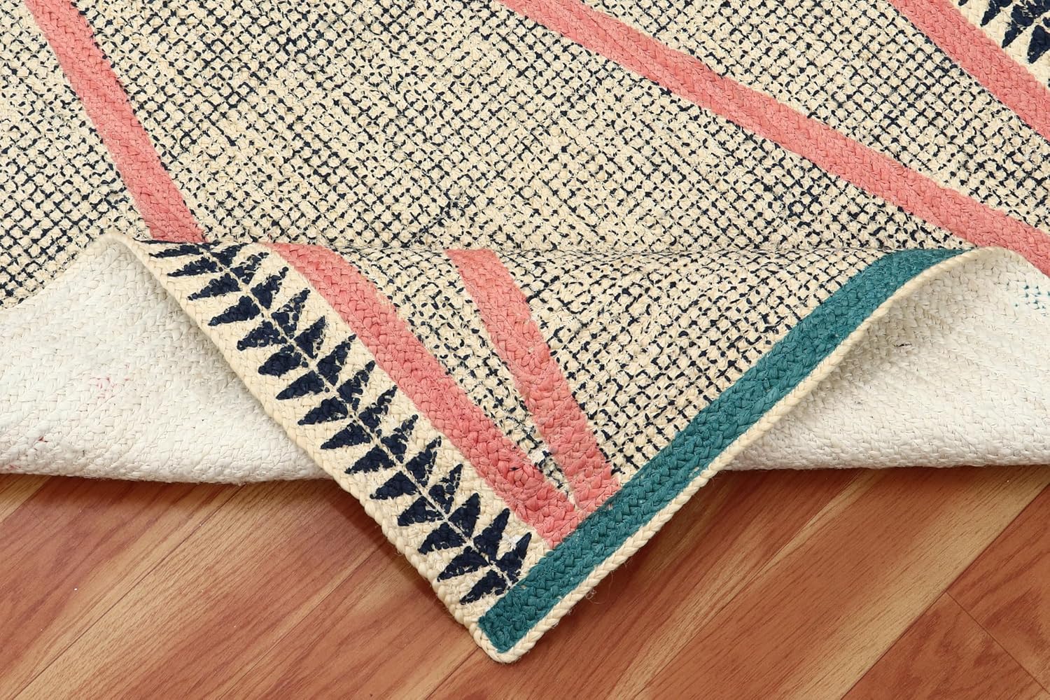 Geometric Hand Block Printed Runner, Natural Jute Kilim Rug - 6x12 Ft Blue Braided Flatweave Area Rugs for Indoor Outdoor Use Carpet for Hallway, Entryway, Bedside, Stairs