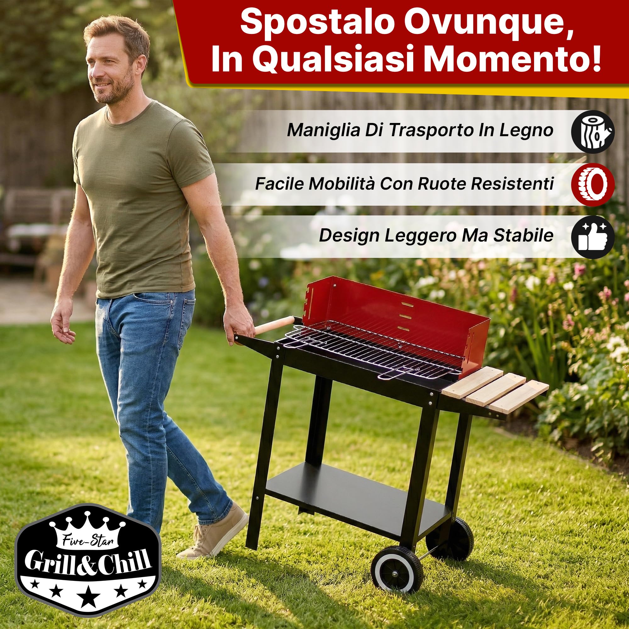 Five-Star Grill&Chill Barbecue a Carbone Portatile – Griglia Cromata 50 x 26,5 cm a 4 Altezze – Ruote e Ripiano in Legno – Acciaio smaltato da esterno – GC0010