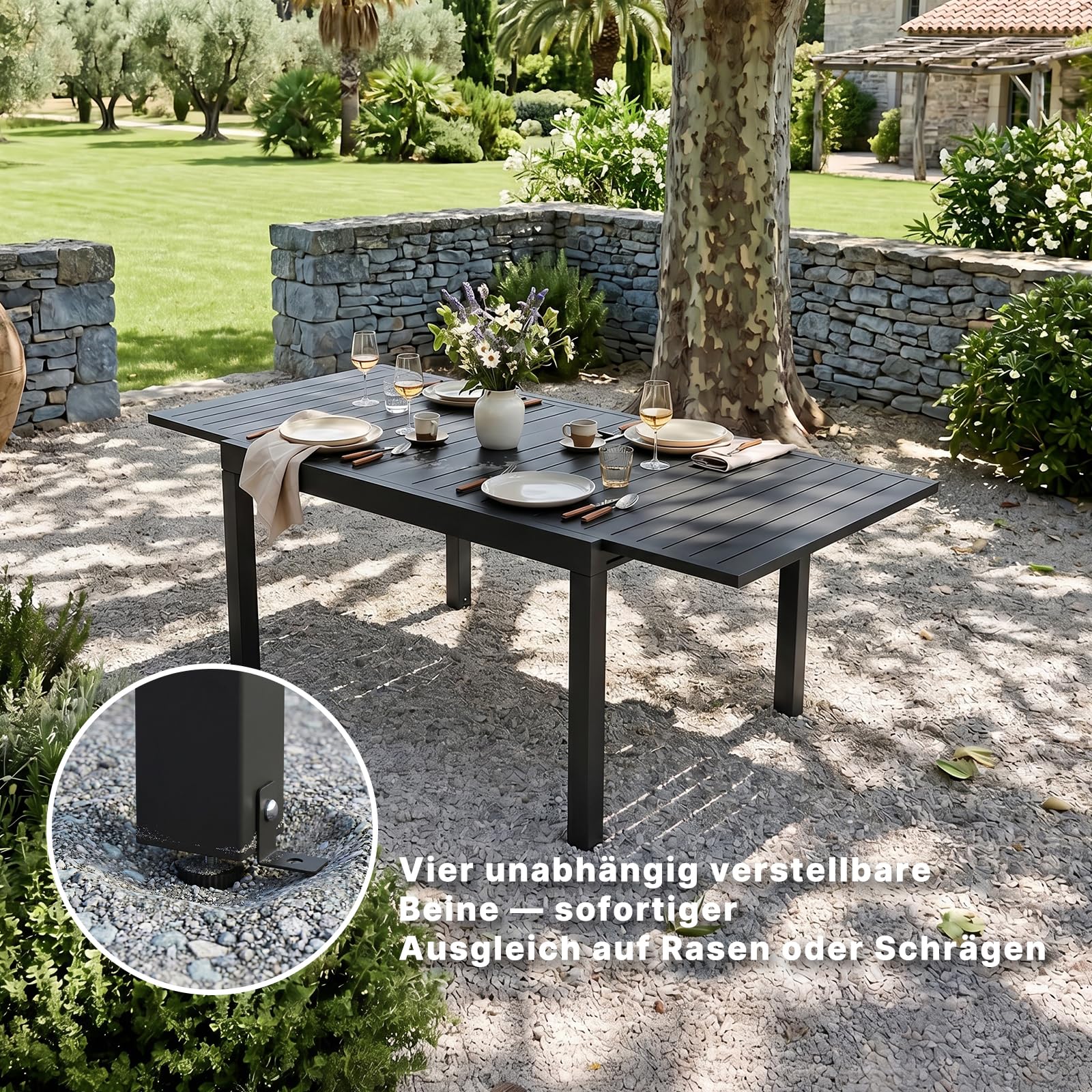 TRIUMPHKEY Gartentisch Ausziehbar, Gartentisch Wetterfest mit Aluminium, 80/160 x 75cm Esstisch Ausziehbar für 4-6 Personen, Geeignet als Gartentisch Partytisch Balkontisch, Dunkelgrau