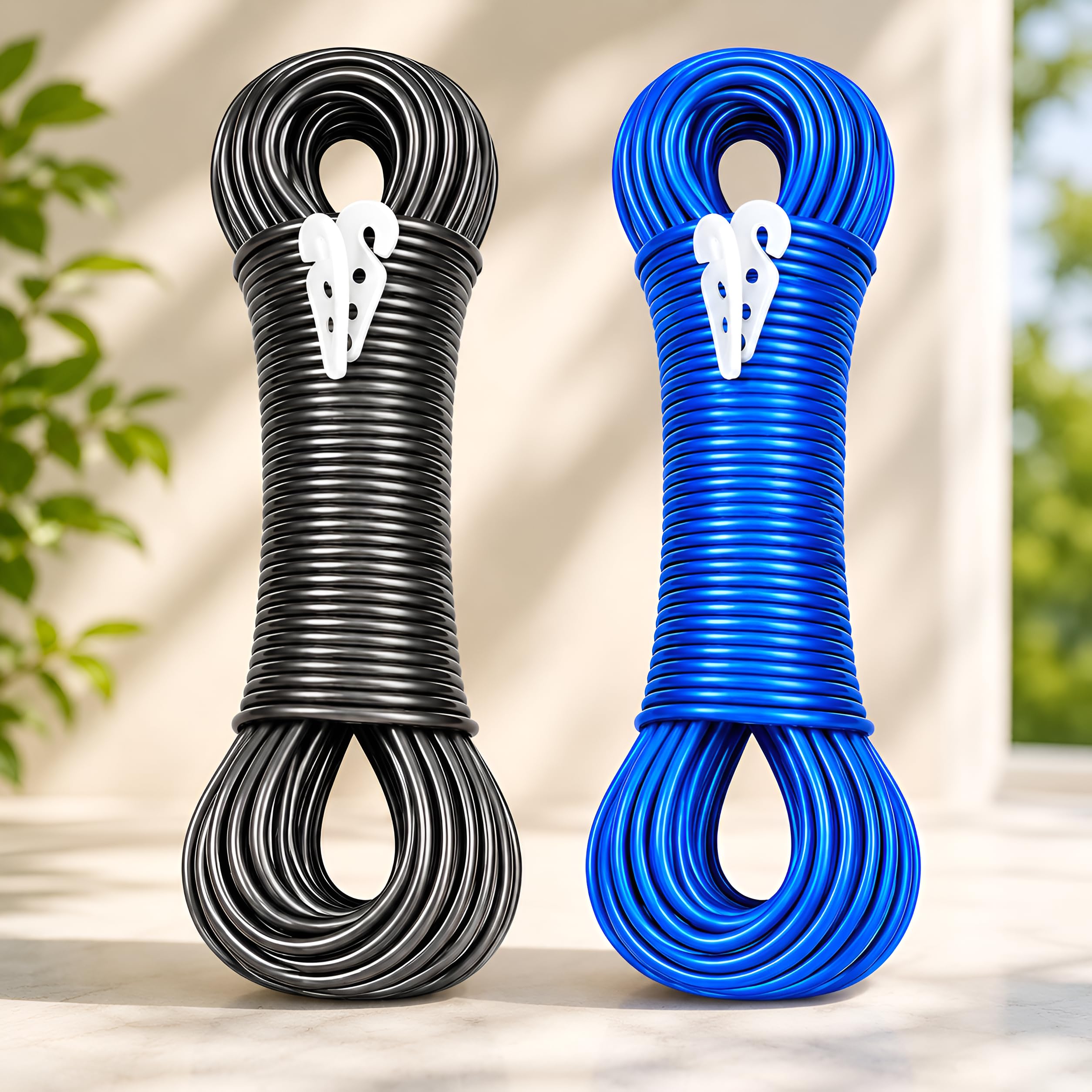 pulgos pvc-coated steel wire clothesline rope – 20 meter length with 2 plastic hooks (multicolor) | strong & durable clothes drying line | pack of 2