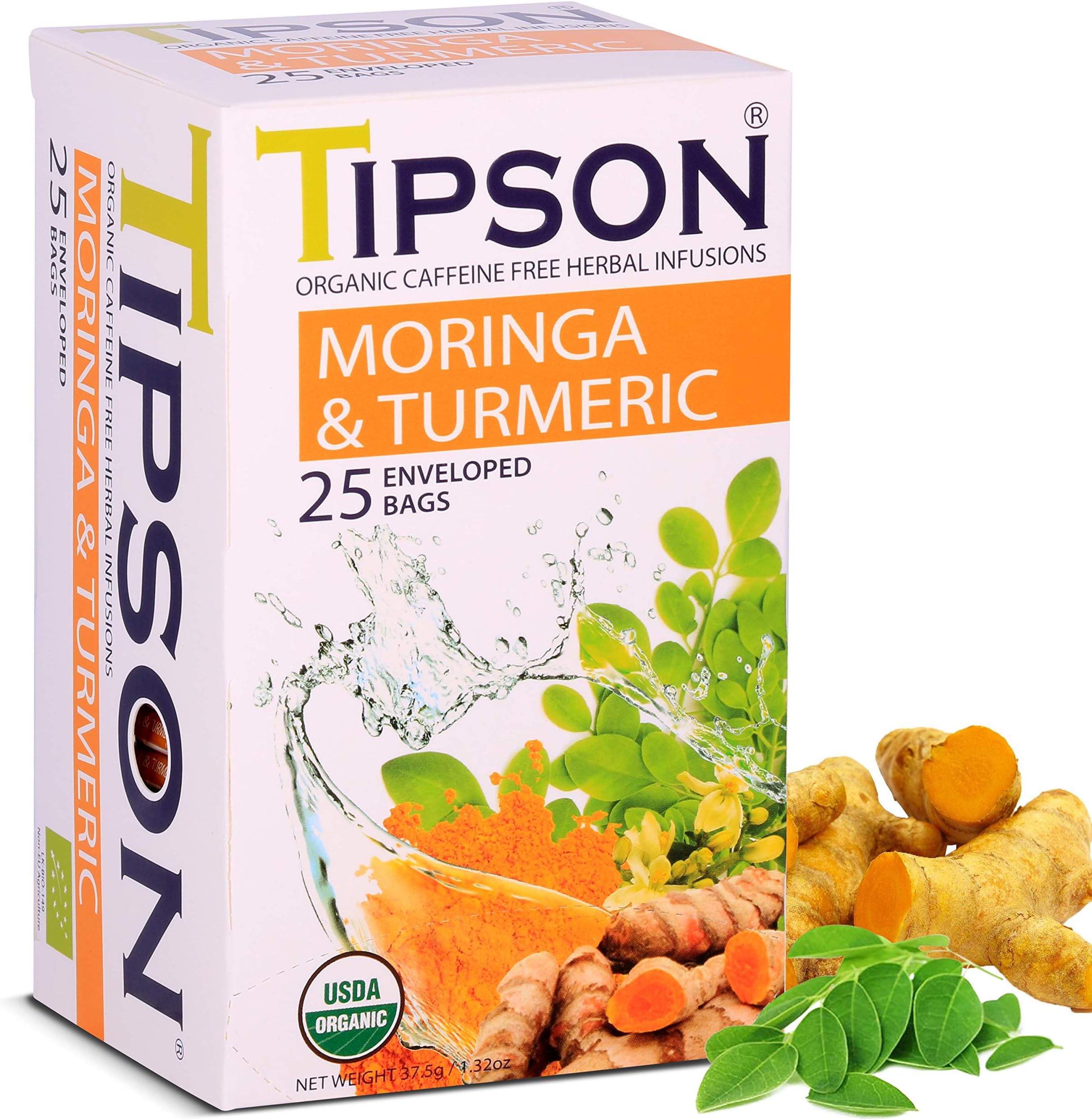Organic Moringa Herbal Tea Infusions - Moringa and Turmeric Flavor - Non GMO, Gluten Free, Caffeine Free - 25 Premium Tea Bags (Pack of 1)