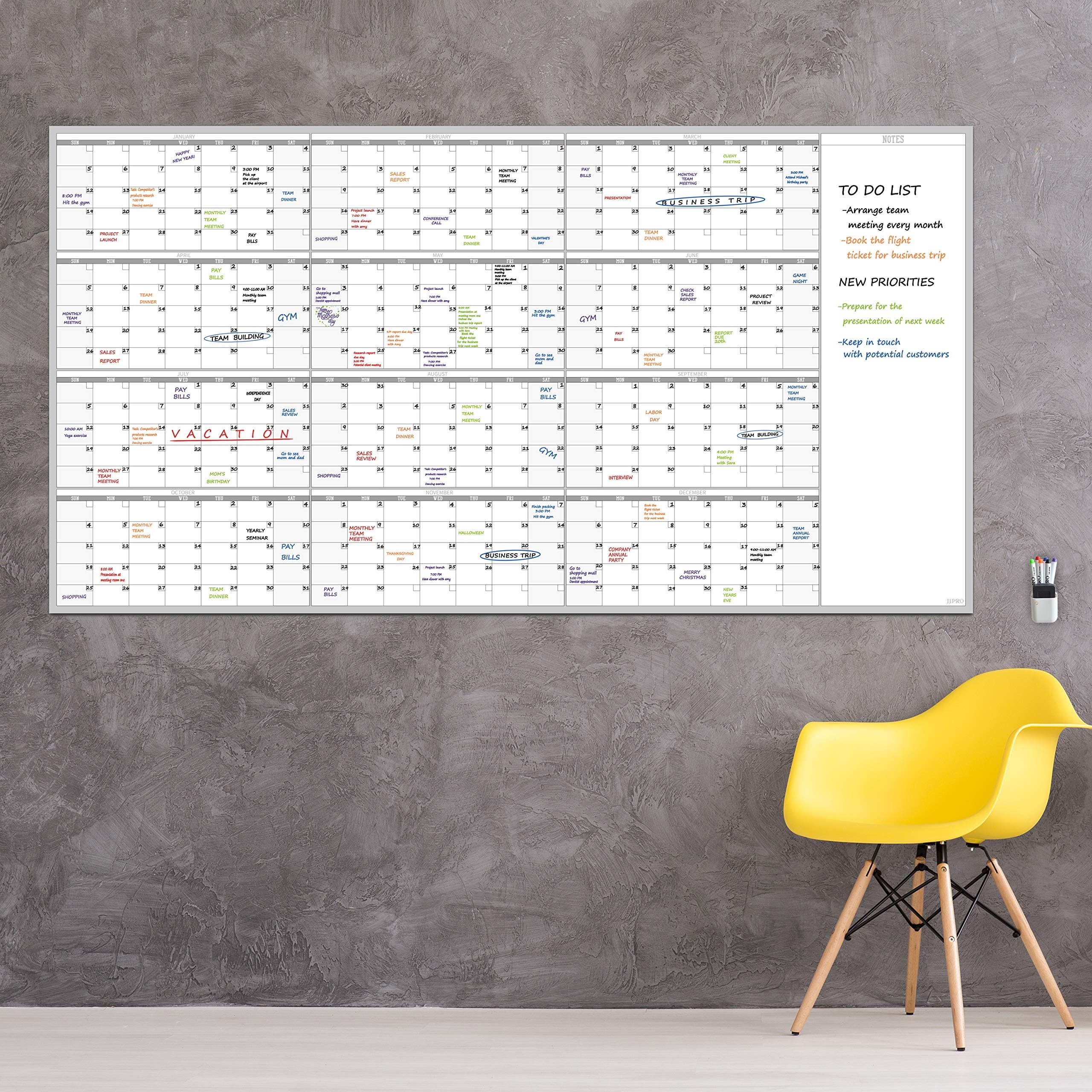 Calendario annuale da parete grande, riutilizzabile, cancellabile a secco, formato jumbo, 12 mesi, laminato di alta qualità, 96,5 x 182,9 cm, planner annuale non datato per casa, ufficio, progetti
