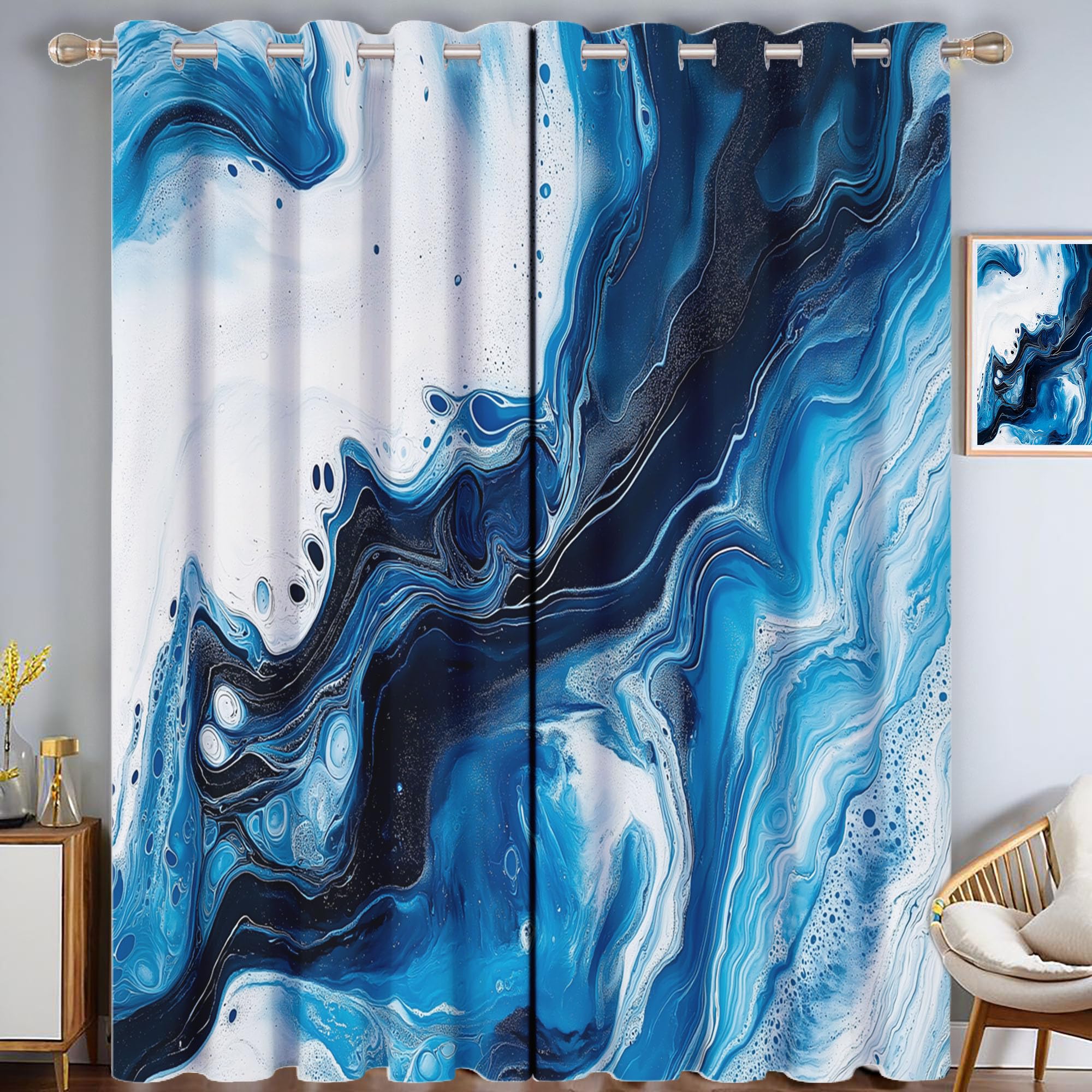 Rideaux de salon au motif abstrait bleu et blanc pour une chambre moderne et cocooning