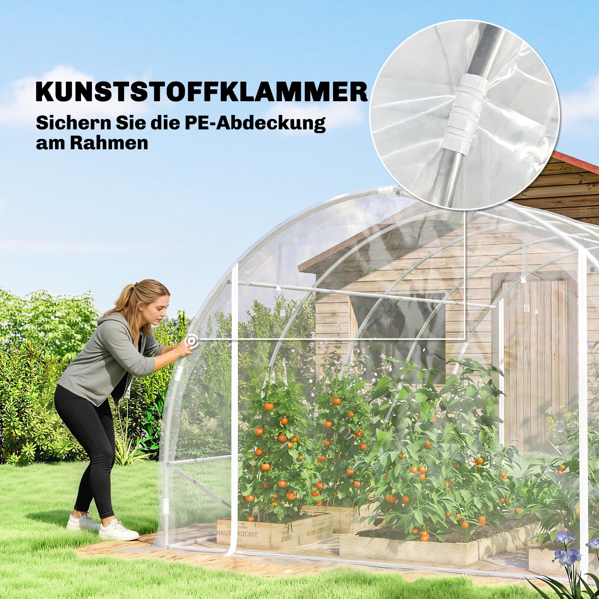 Outsunny Gewächshaus ca. 4 x 3 x 2 m Foliengewächshaus mit Breiter Rollbar Reißverschlusstür, Stützstangen Verlängerte Kanten 150g/m² PE UV-beständig Folientunnel, Winterfest Tomatenhaus, Transparent