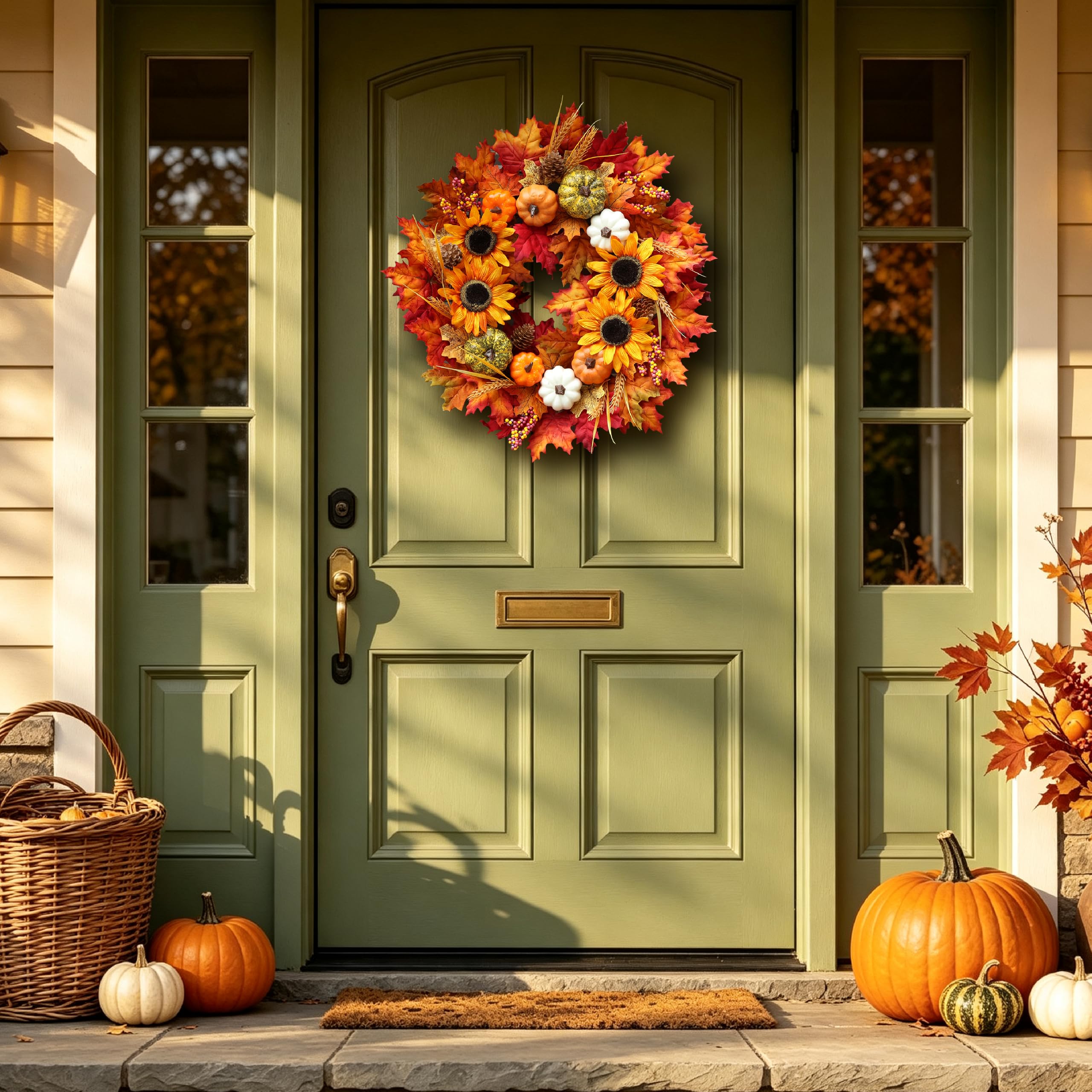 Couronne d'automne de tournesol pour porte d'entrée avec feuilles d'érable | Couronne d'automne artificielle avec pommes de pin pour Thanksgiving, Halloween, décoration de fenêtre, mur, ferme