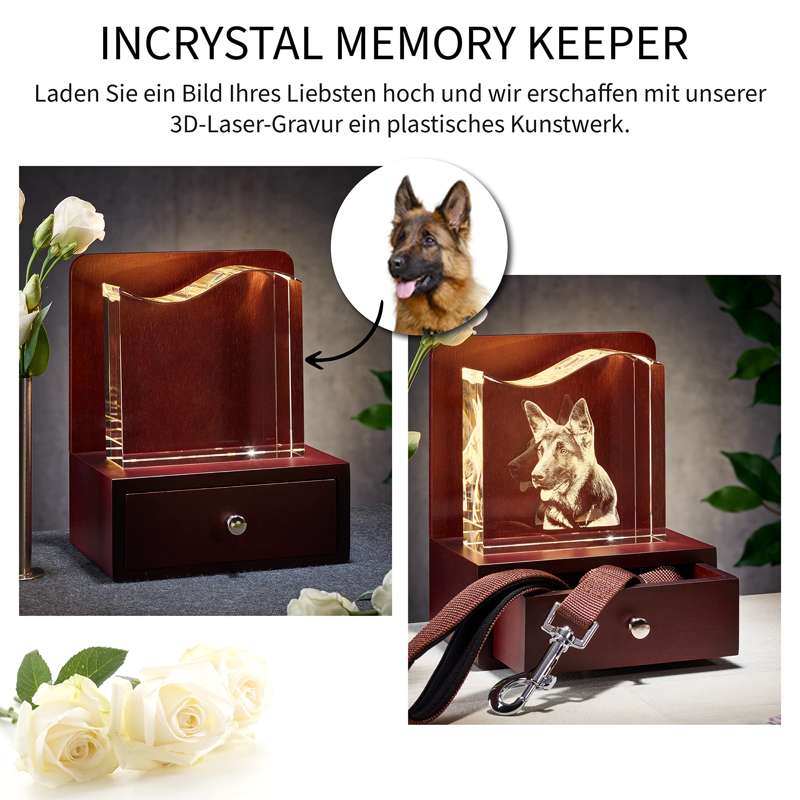 Memory-Keeper Trauer-Geschenk | Erinnerung-Box | Glas-Foto in 3D | Gedenk-Kristall | Trauer-Box | Trost-Schublade| Glas-Bild | Foto-Gravur